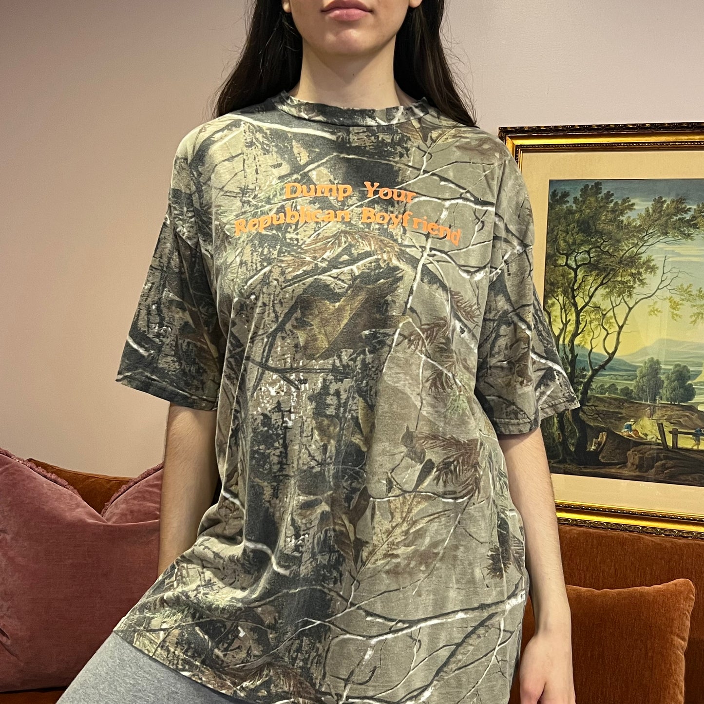 DUMP YOUR REPUBLICAN BOYFRIEND camo t-shirt with orange text (2XL)