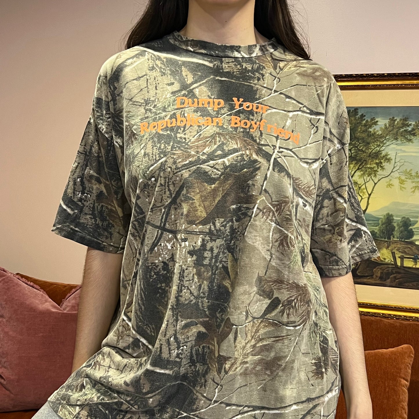 DUMP YOUR REPUBLICAN BOYFRIEND camo t-shirt with orange text (2XL)
