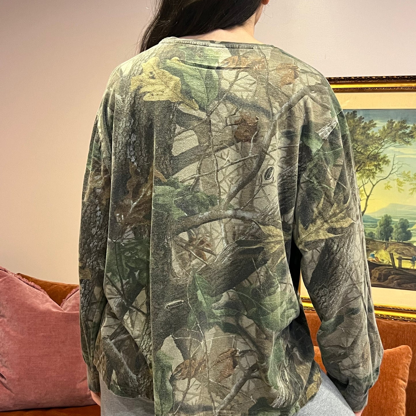 DUMP YOUR REPUBLICAN BOYFRIEND camo long sleeve t-shirt with orange text (XL)