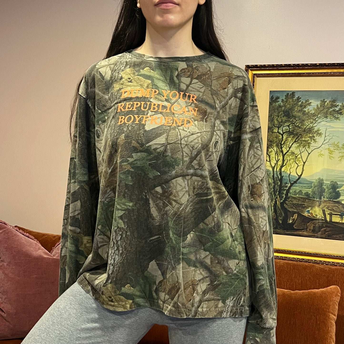 DUMP YOUR REPUBLICAN BOYFRIEND camo long sleeve t-shirt with orange text (XL)