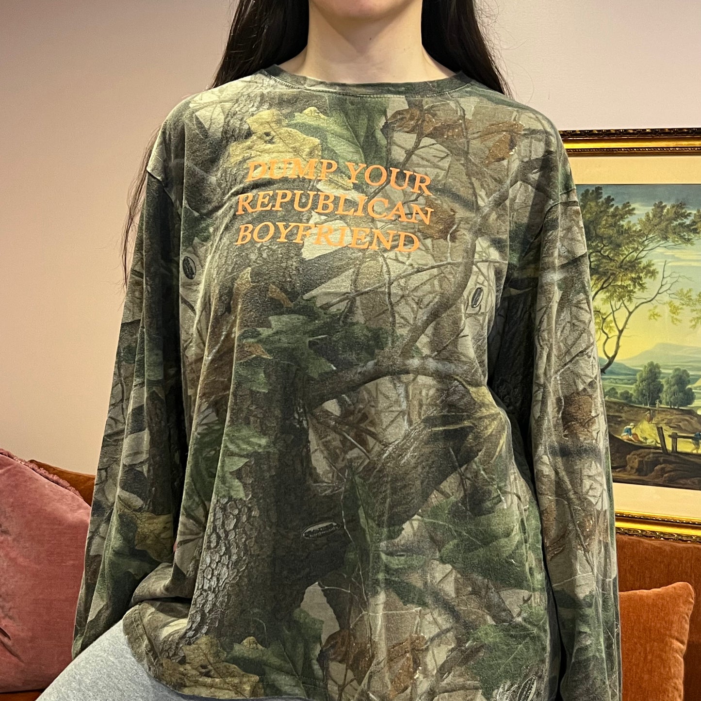 DUMP YOUR REPUBLICAN BOYFRIEND camo long sleeve t-shirt with orange text (XL)