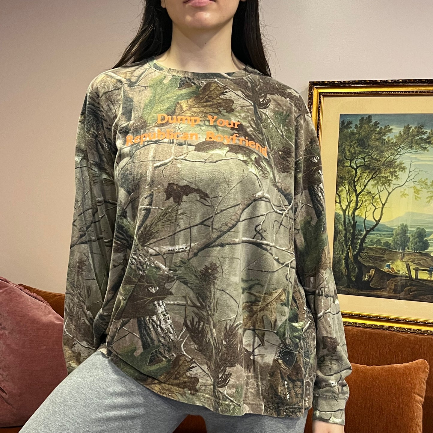 DUMP YOUR REPUBLICAN BOYFRIEND camo long sleeve t-shirt with orange text (XL)
