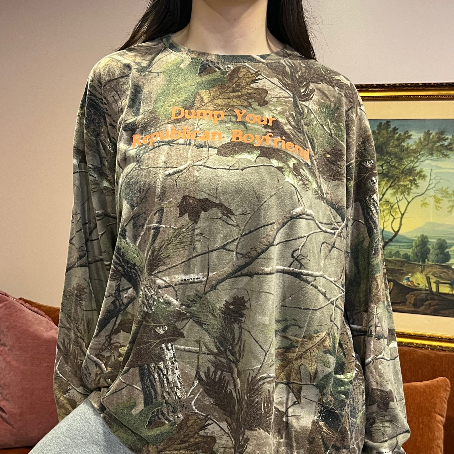 DUMP YOUR REPUBLICAN BOYFRIEND camo long sleeve t-shirt with orange text (XL)