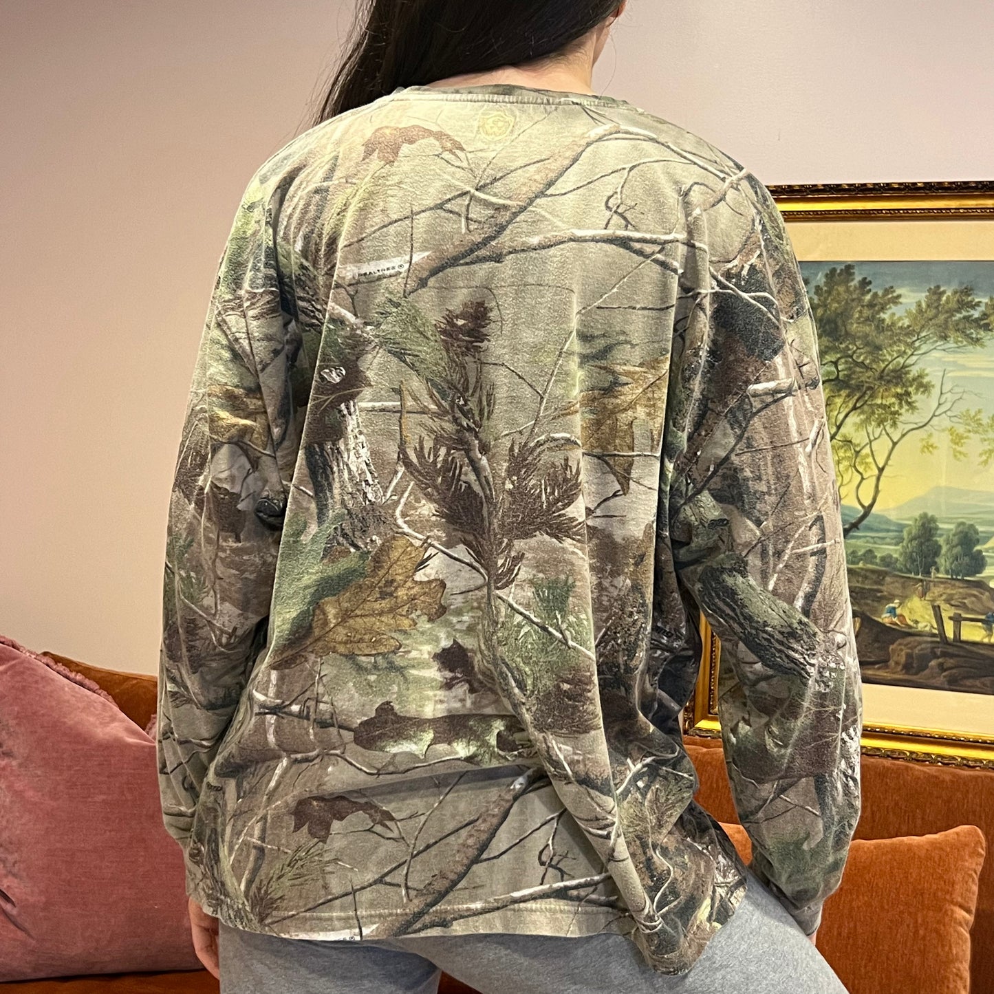 DUMP YOUR REPUBLICAN BOYFRIEND camo long sleeve t-shirt with orange text (XL)