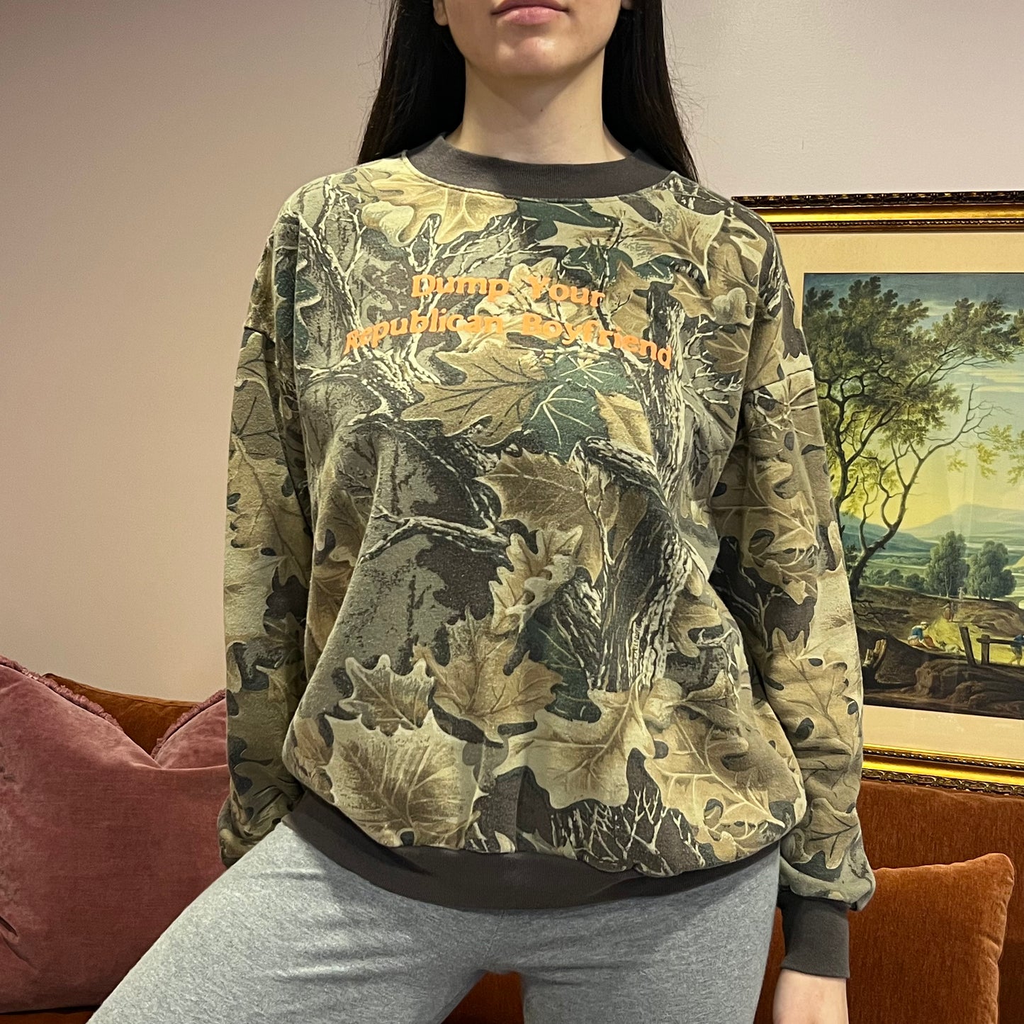 DUMP YOUR REPUBLICAN BOYFRIEND camo crewneck with orange text (L)