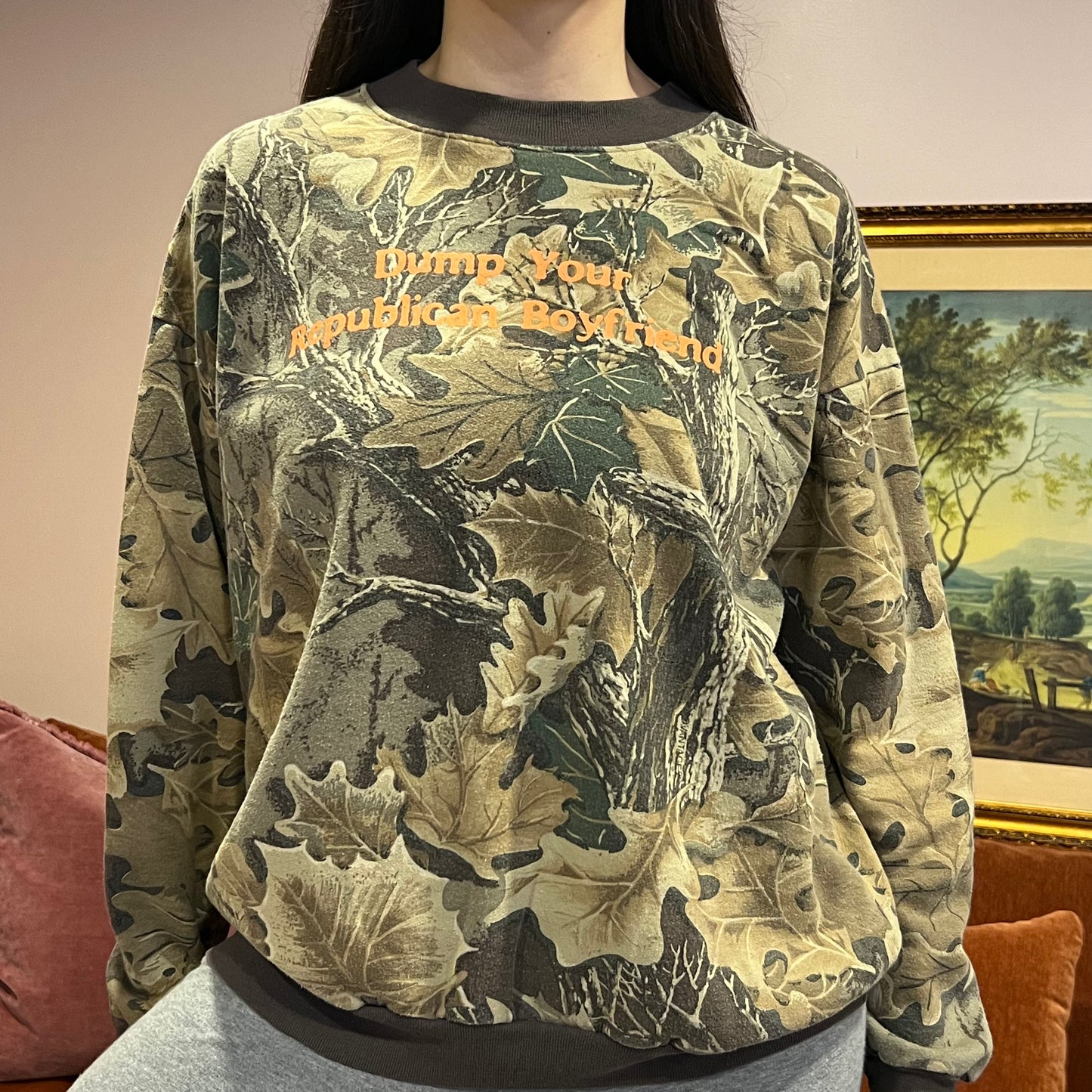 DUMP YOUR REPUBLICAN BOYFRIEND camo crewneck with orange text (L)