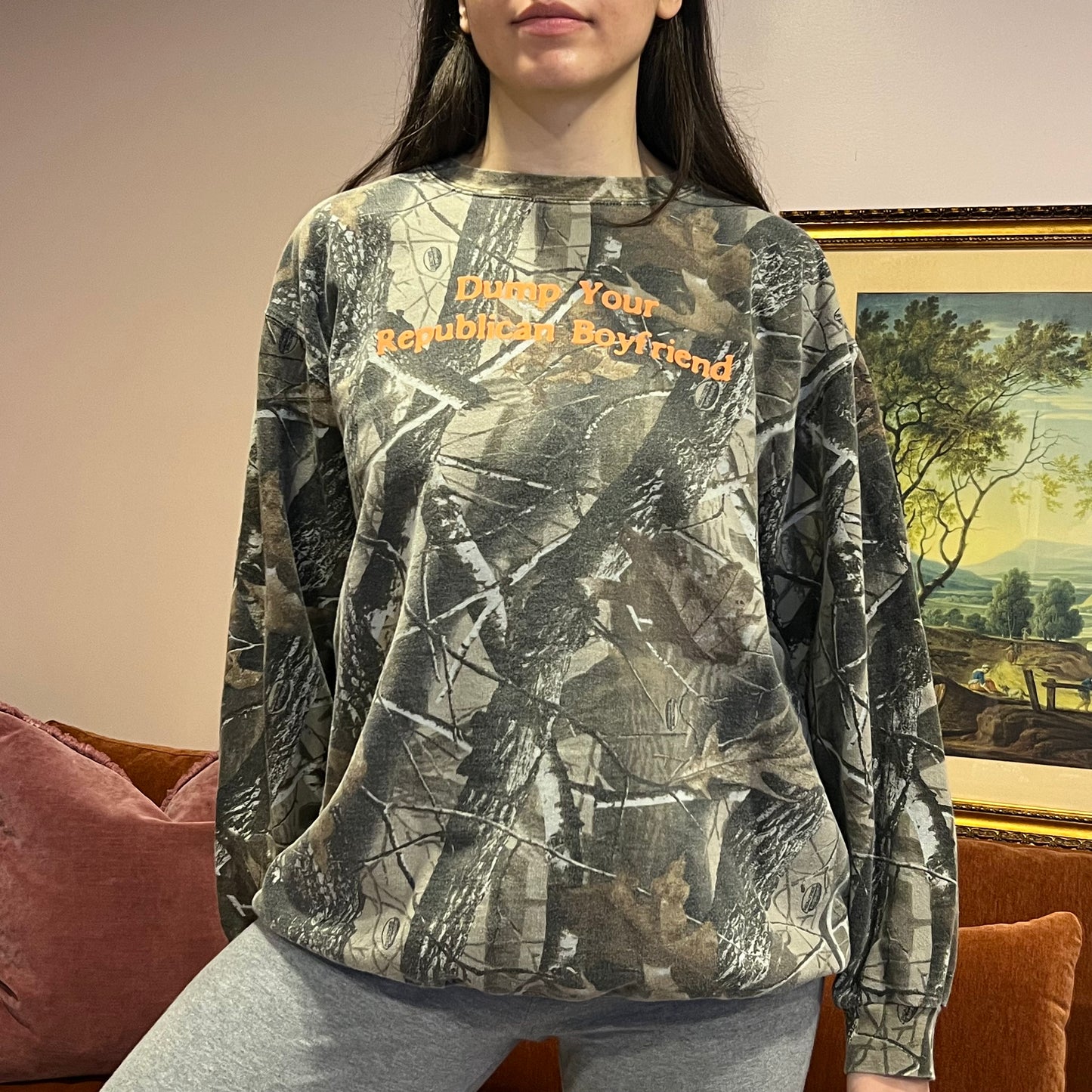 DUMP YOUR REPUBLICAN BOYFRIEND camo crewneck with orange text (L)