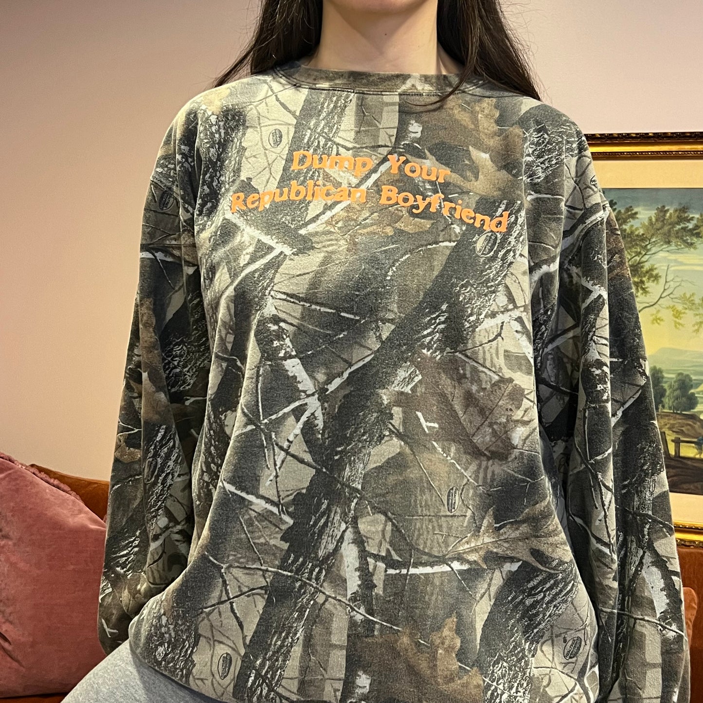 DUMP YOUR REPUBLICAN BOYFRIEND camo crewneck with orange text (L)