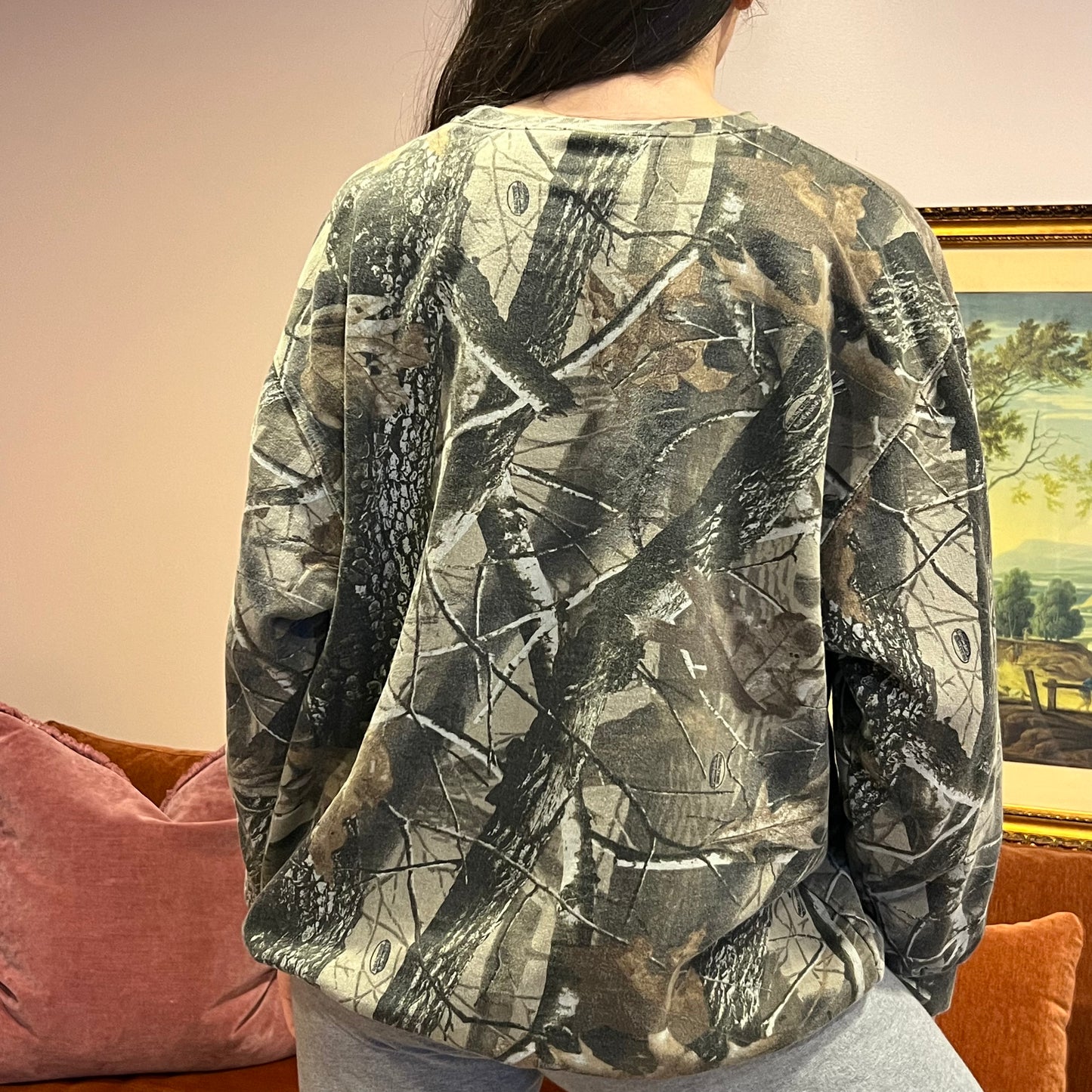 DUMP YOUR REPUBLICAN BOYFRIEND camo crewneck with orange text (L)