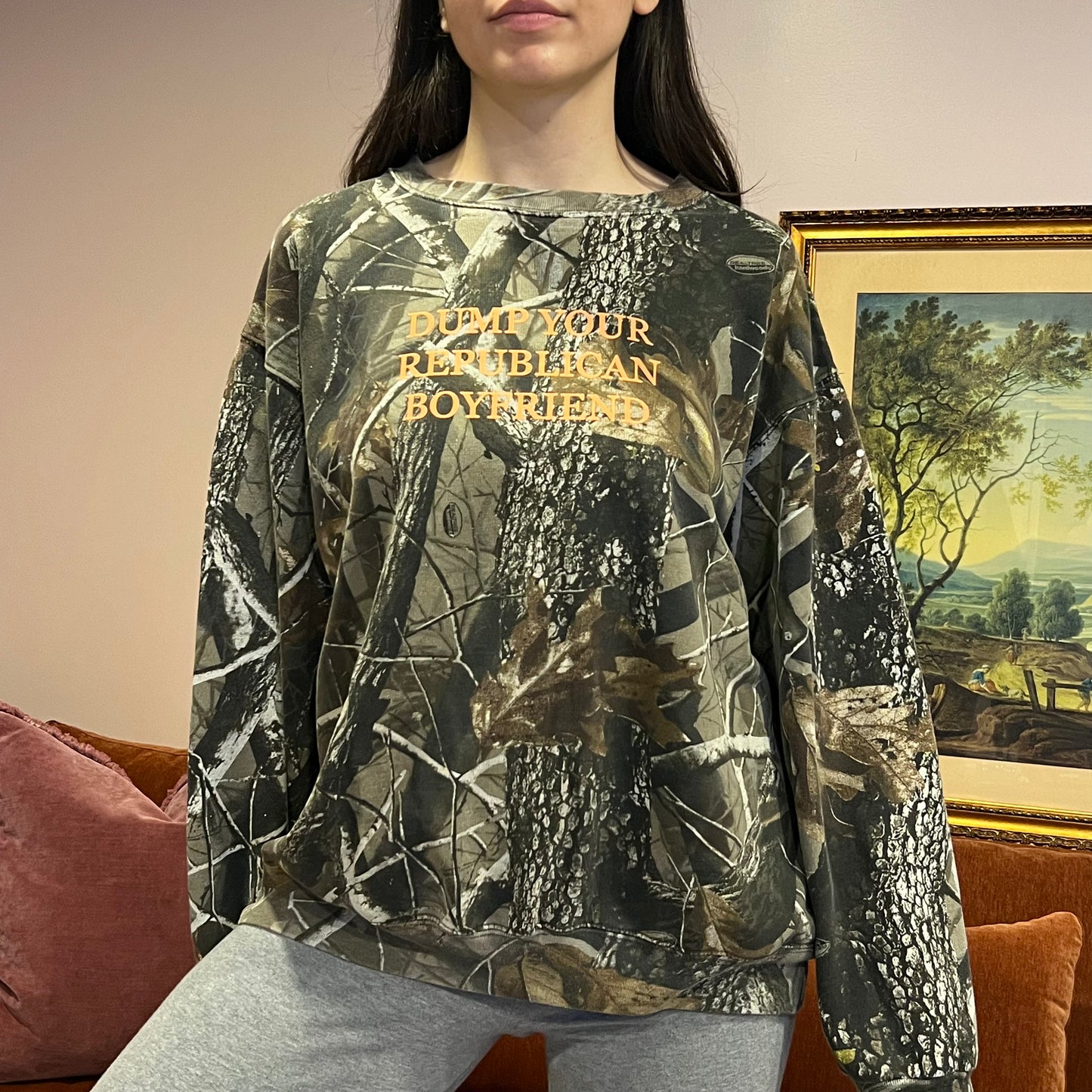 DUMP YOUR REPUBLICAN BOYFRIEND camo crewneck with orange text (XL)