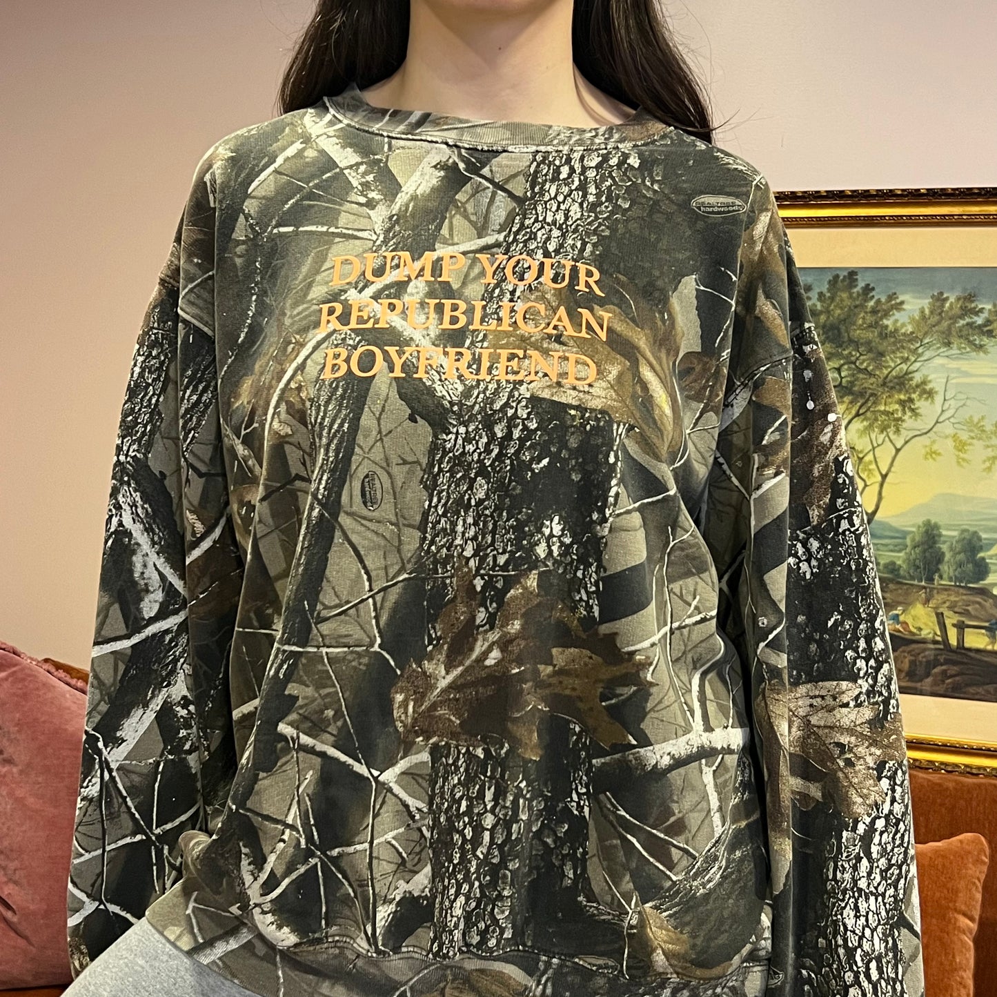 DUMP YOUR REPUBLICAN BOYFRIEND camo crewneck with orange text (XL)