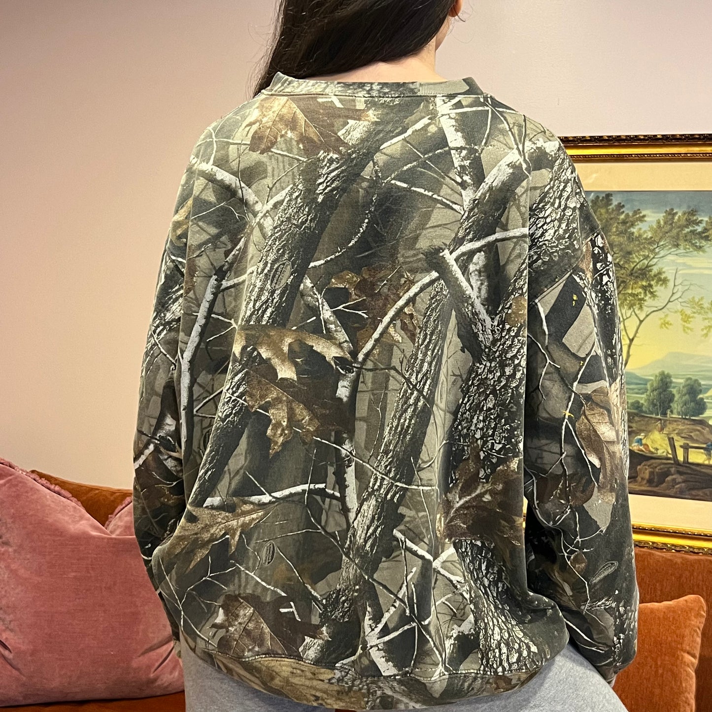 DUMP YOUR REPUBLICAN BOYFRIEND camo crewneck with orange text (XL)