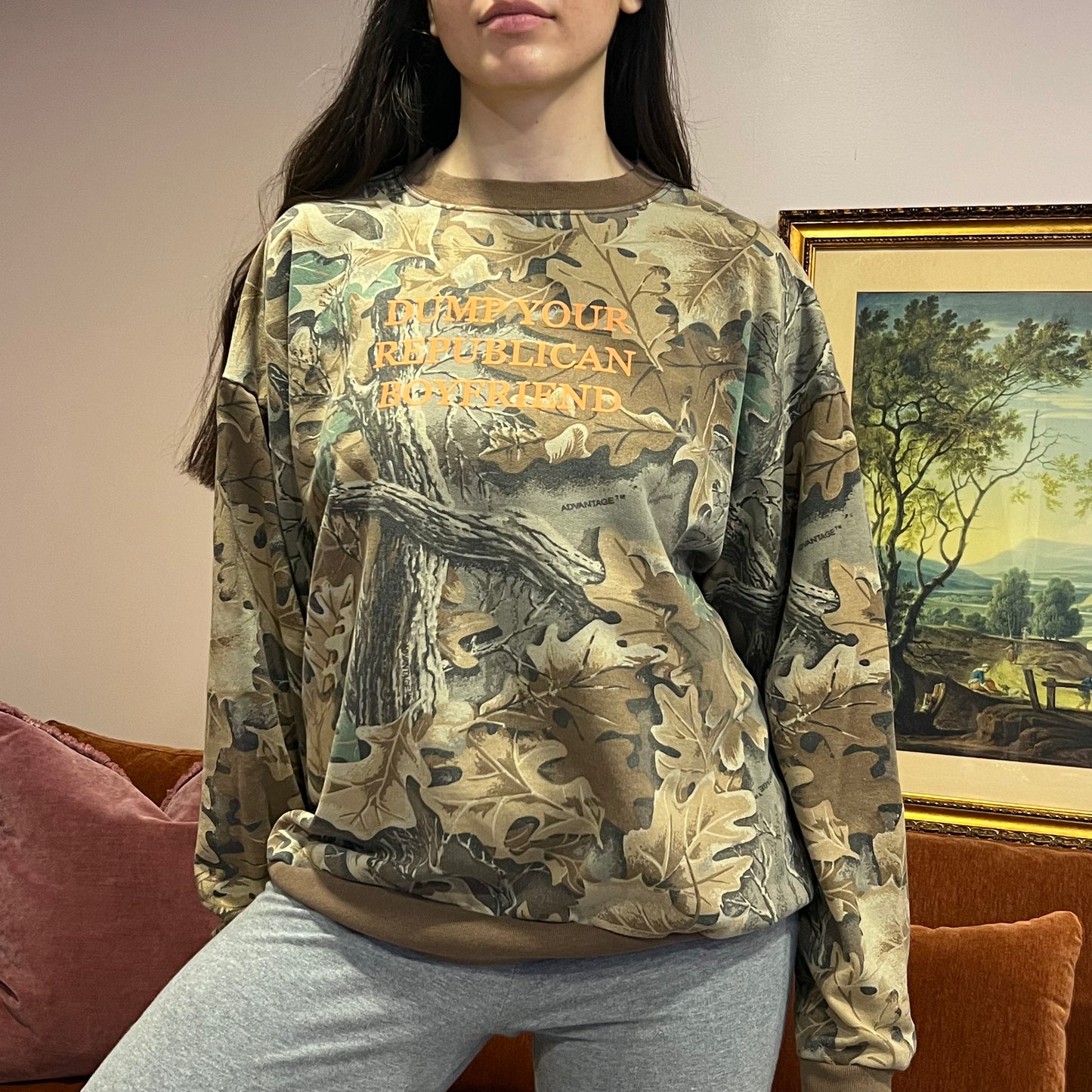 DUMP YOUR REPUBLICAN BOYFRIEND camo crewneck with orange text (XL)
