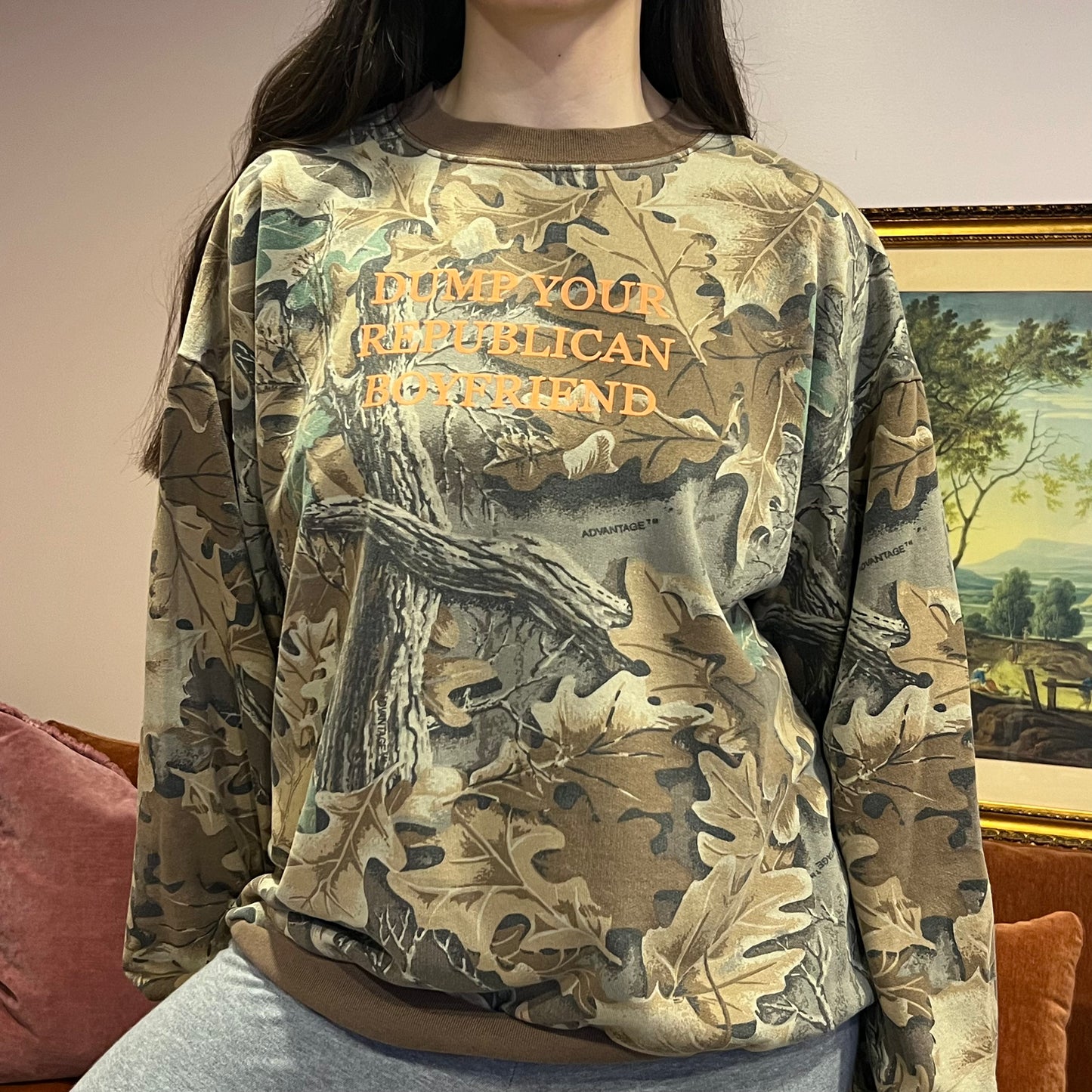 DUMP YOUR REPUBLICAN BOYFRIEND camo crewneck with orange text (XL)