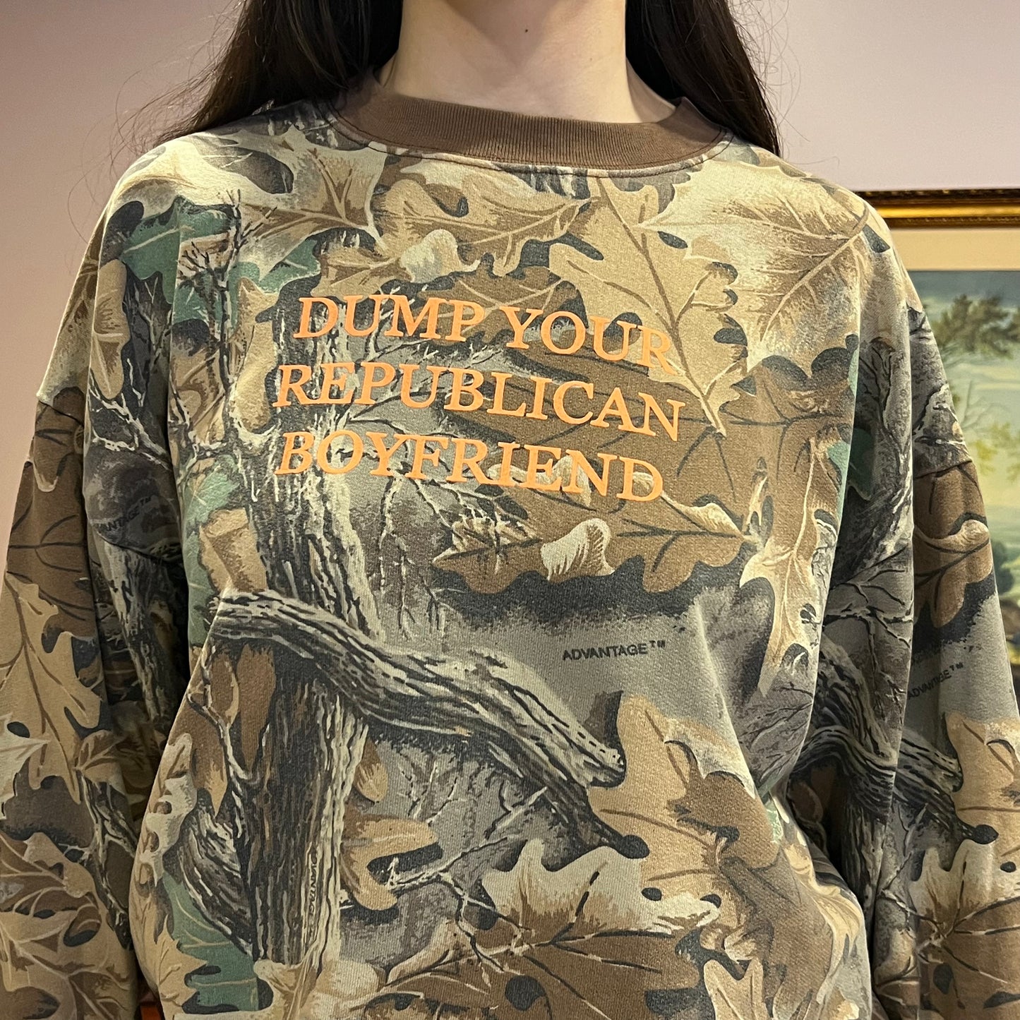 DUMP YOUR REPUBLICAN BOYFRIEND camo crewneck with orange text (XL)