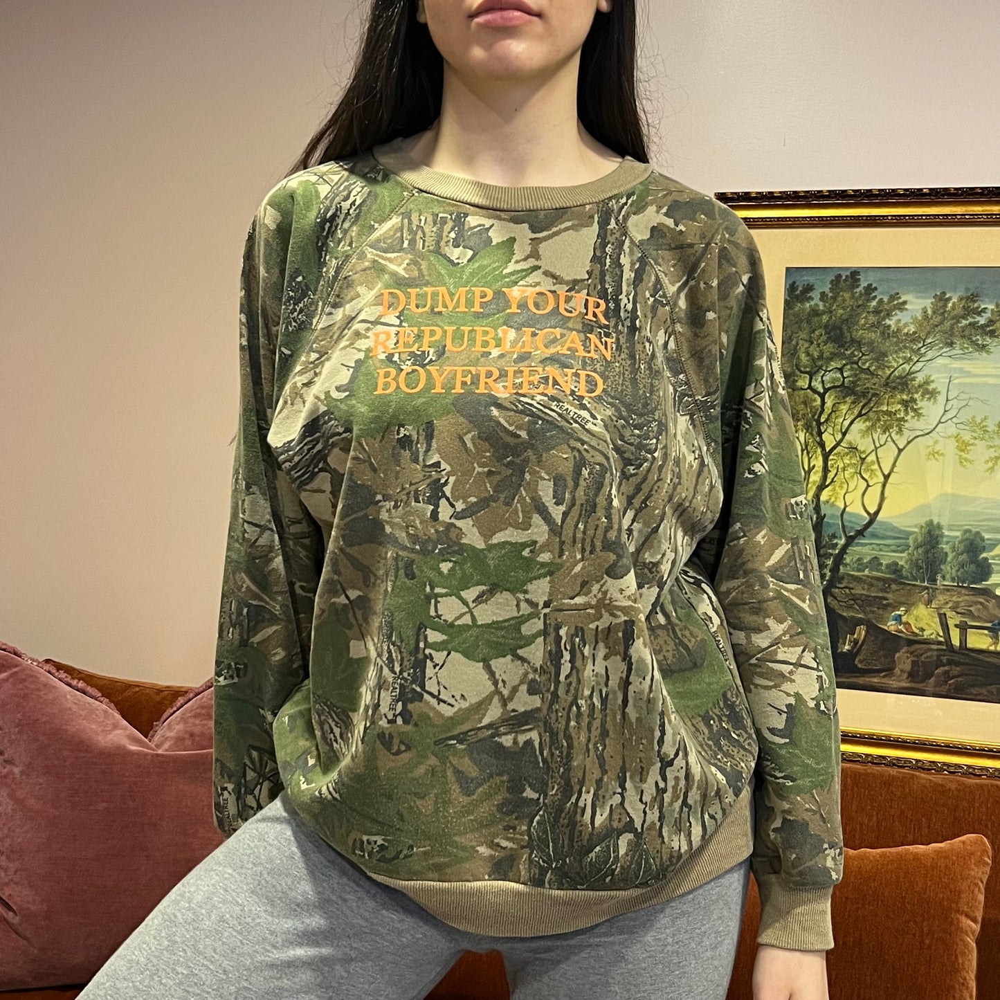 DUMP YOUR REPUBLICAN BOYFRIEND camo crewneck with orange text (XL)