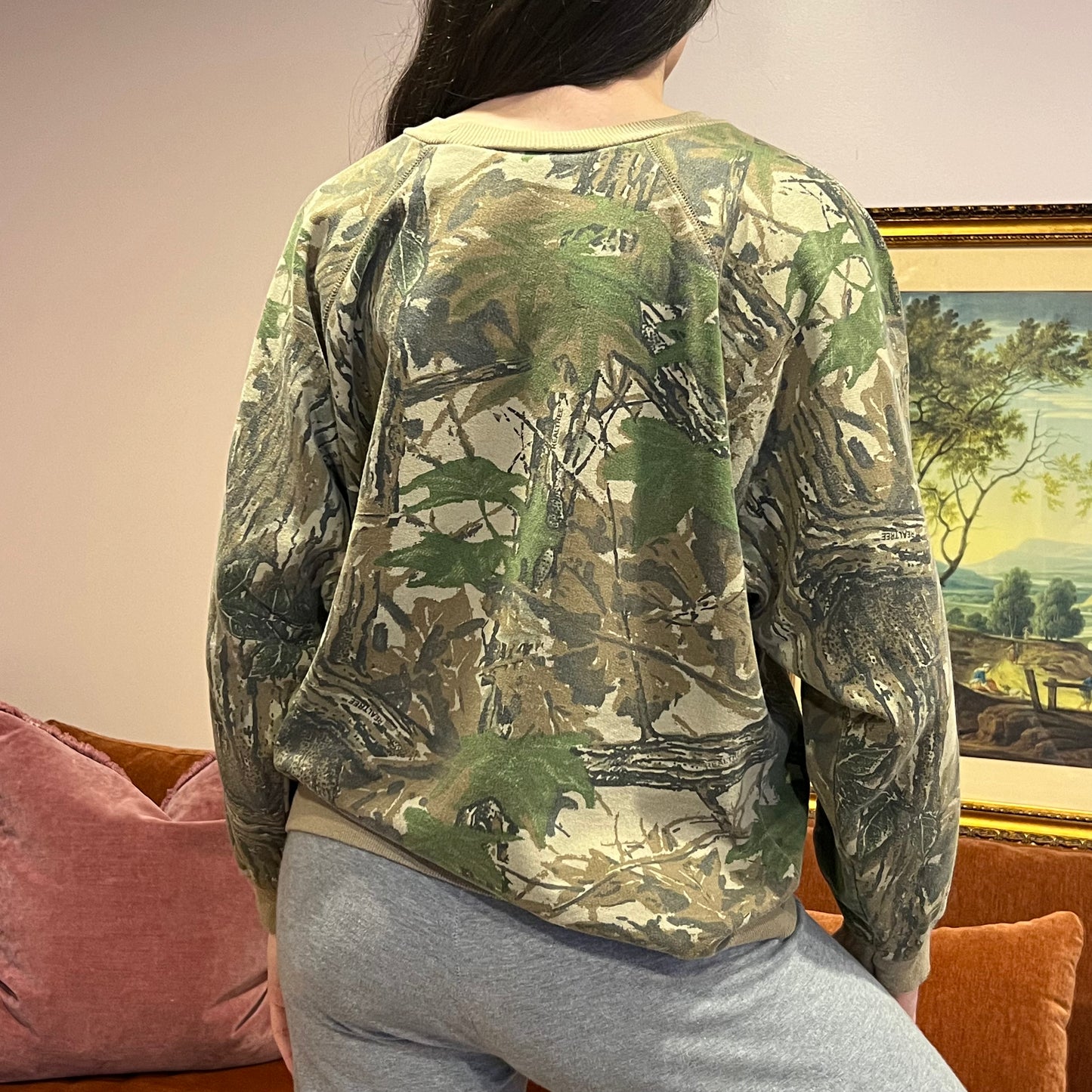 DUMP YOUR REPUBLICAN BOYFRIEND camo crewneck with orange text (XL)