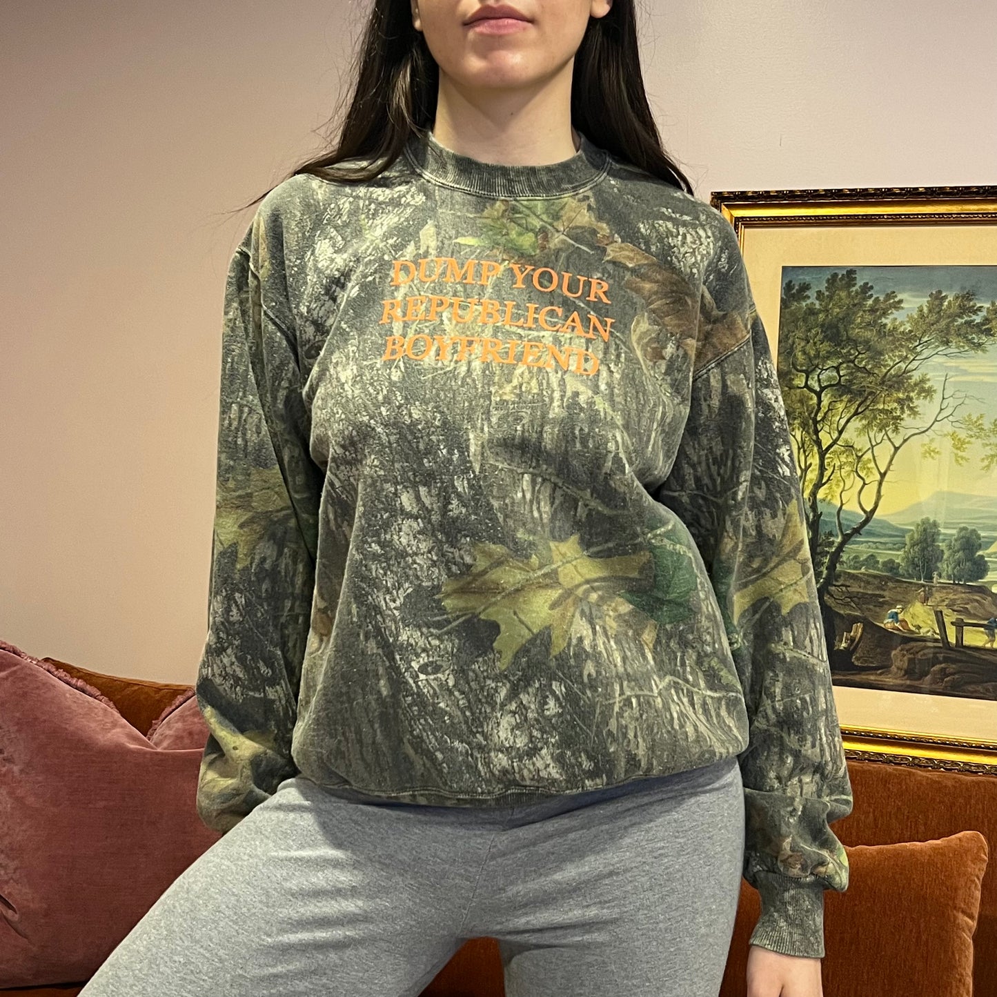 DUMP YOUR REPUBLICAN BOYFRIEND camo crewneck with orange text (M)