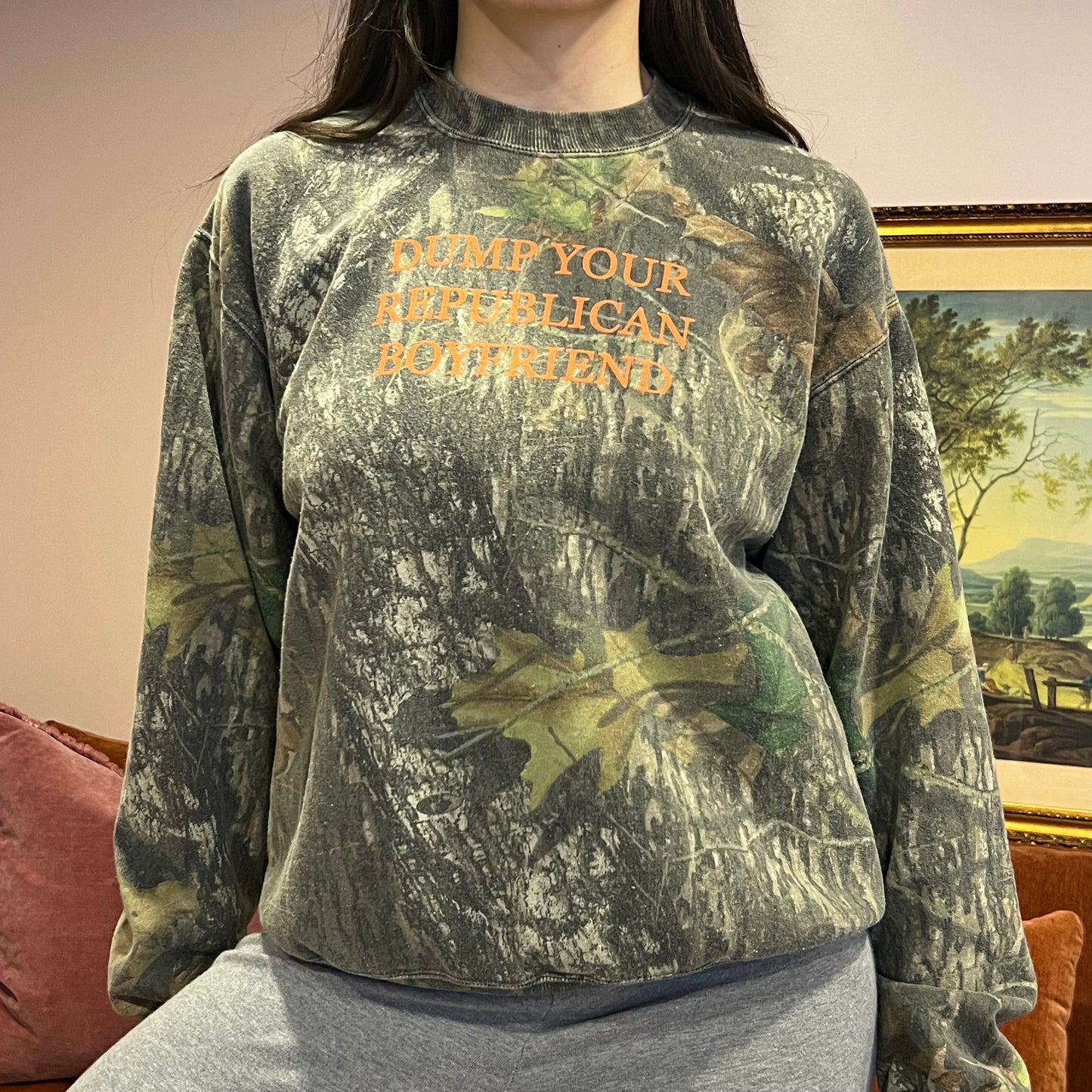 DUMP YOUR REPUBLICAN BOYFRIEND camo crewneck with orange text (M)
