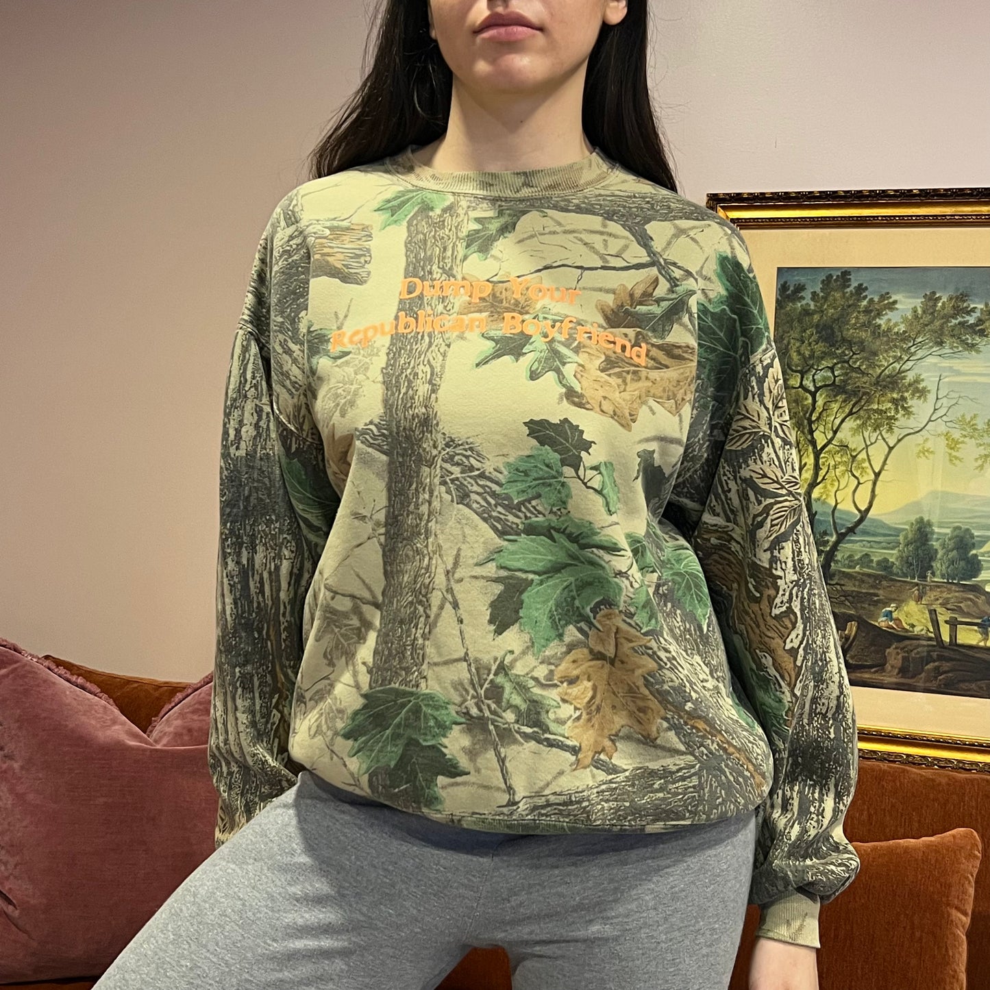 DUMP YOUR REPUBLICAN BOYFRIEND camo crewneck with orange text (L)