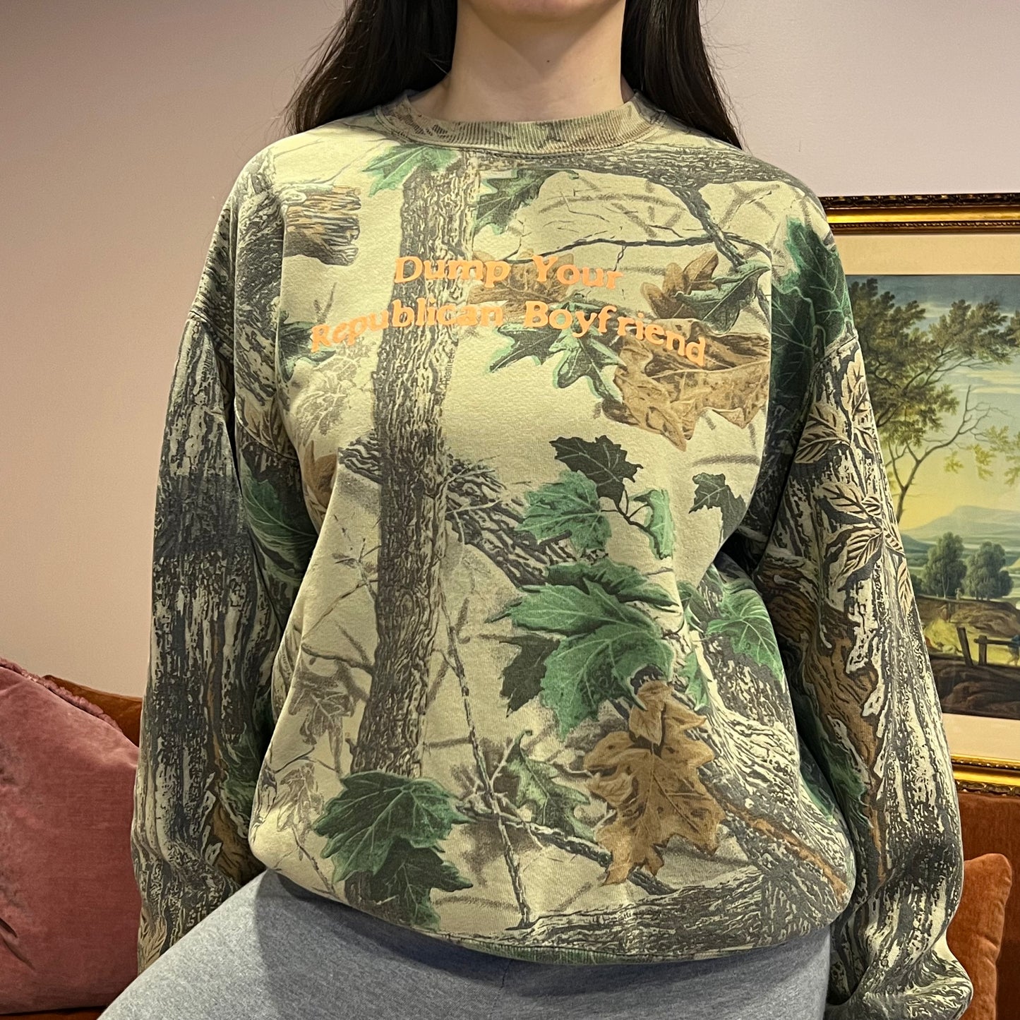 DUMP YOUR REPUBLICAN BOYFRIEND camo crewneck with orange text (L)