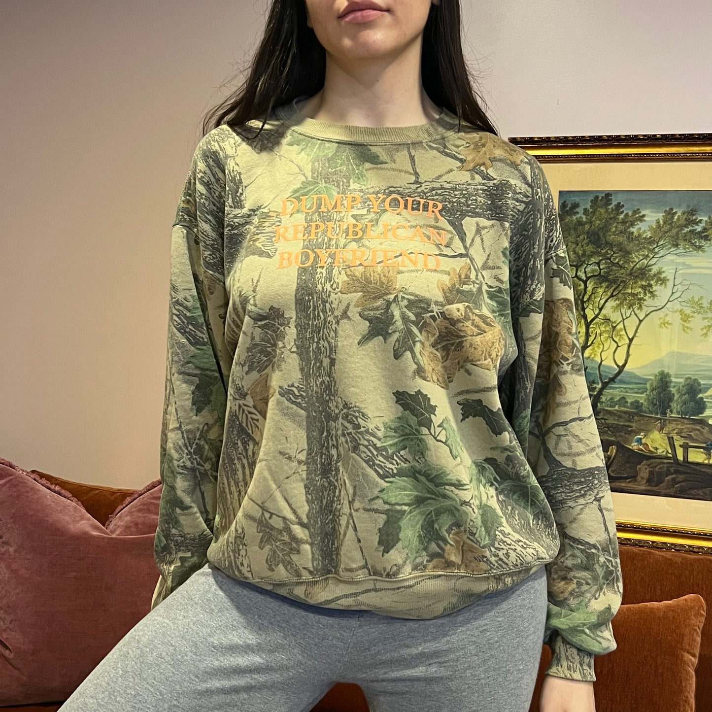 DUMP YOUR REPUBLICAN BOYFRIEND camo crewneck with orange text (L)