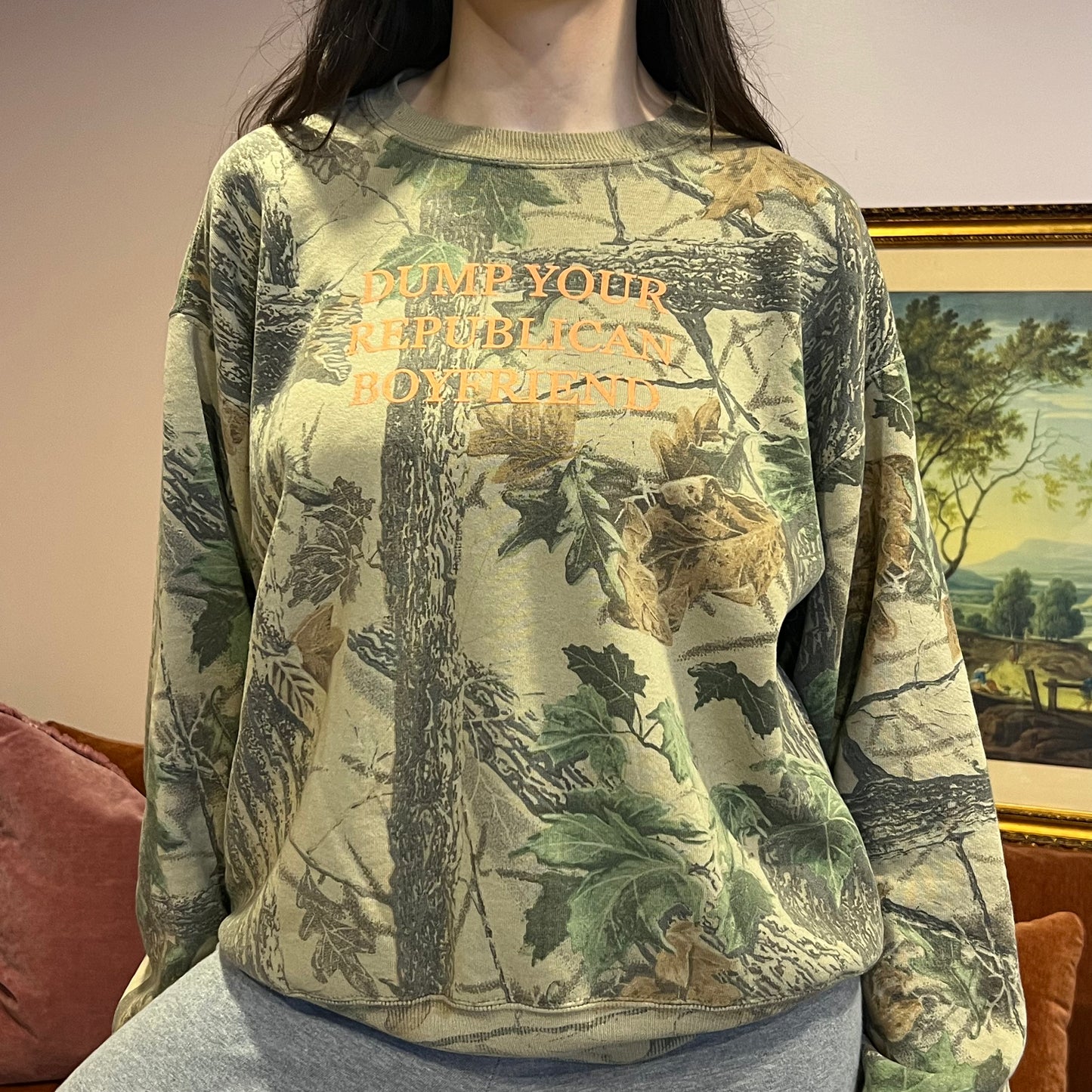 DUMP YOUR REPUBLICAN BOYFRIEND camo crewneck with orange text (L)