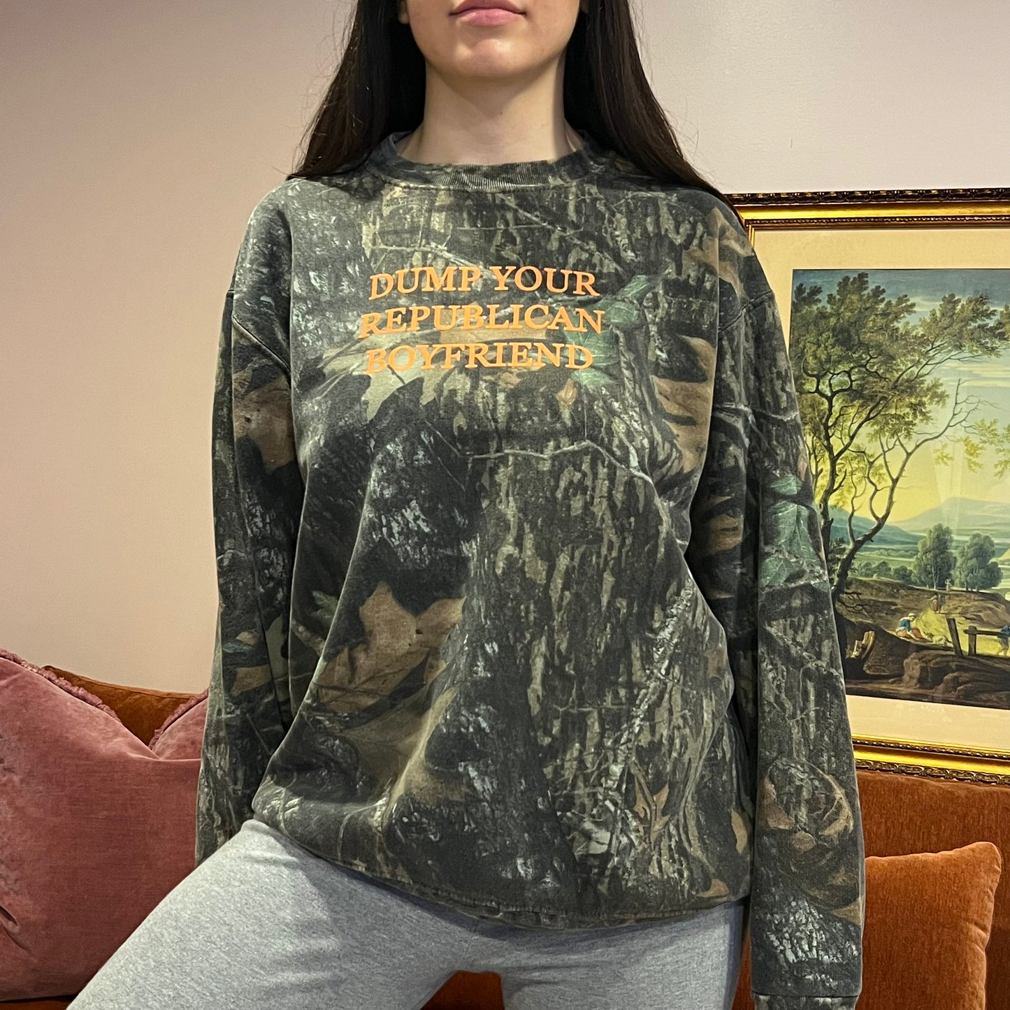 DUMP YOUR REPUBLICAN BOYFRIEND camo crewneck with orange text (L)