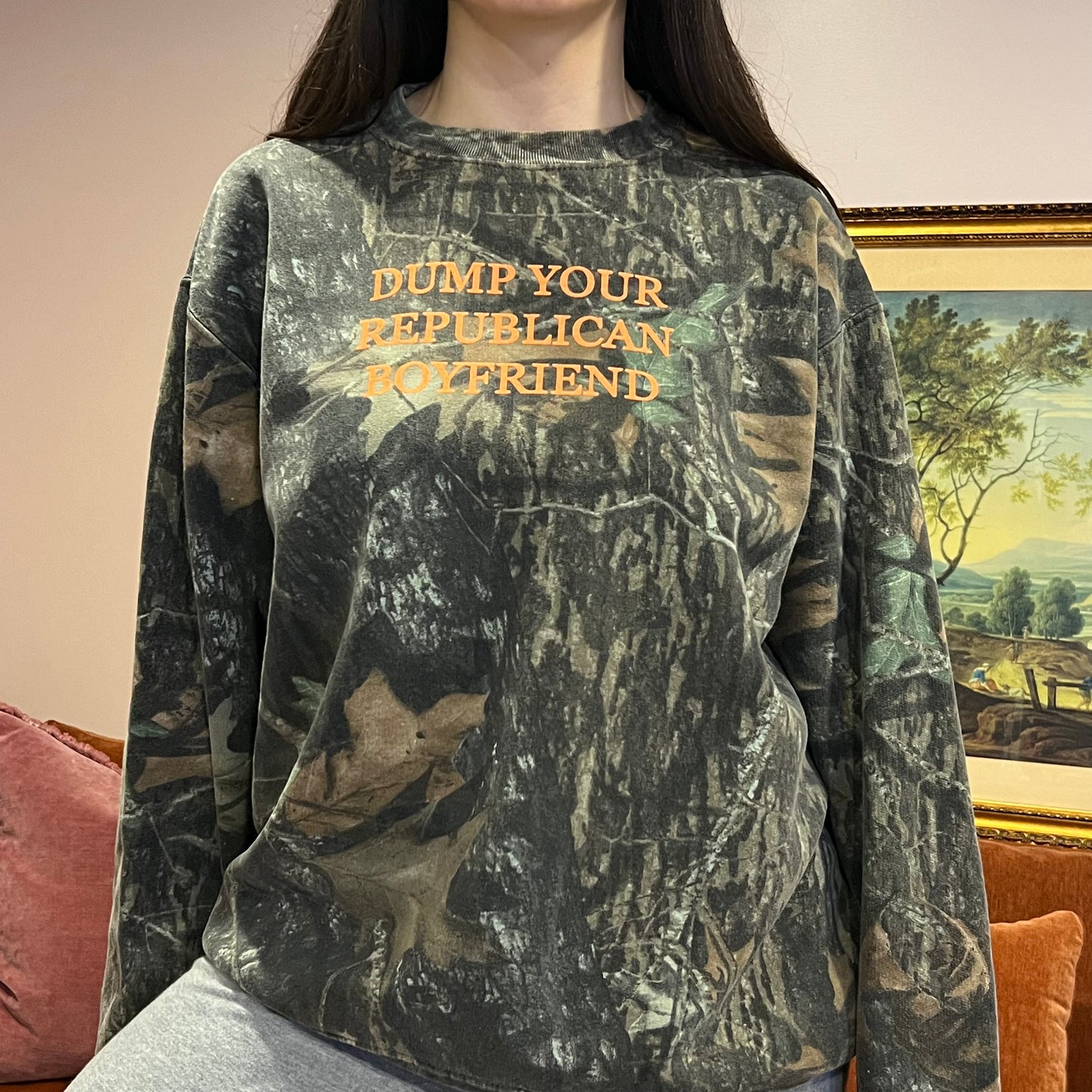 DUMP YOUR REPUBLICAN BOYFRIEND camo crewneck with orange text (L)