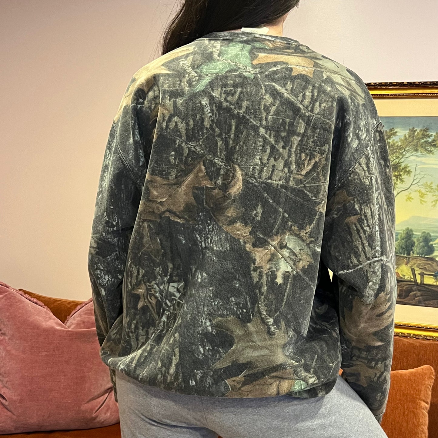 DUMP YOUR REPUBLICAN BOYFRIEND camo crewneck with orange text (L)