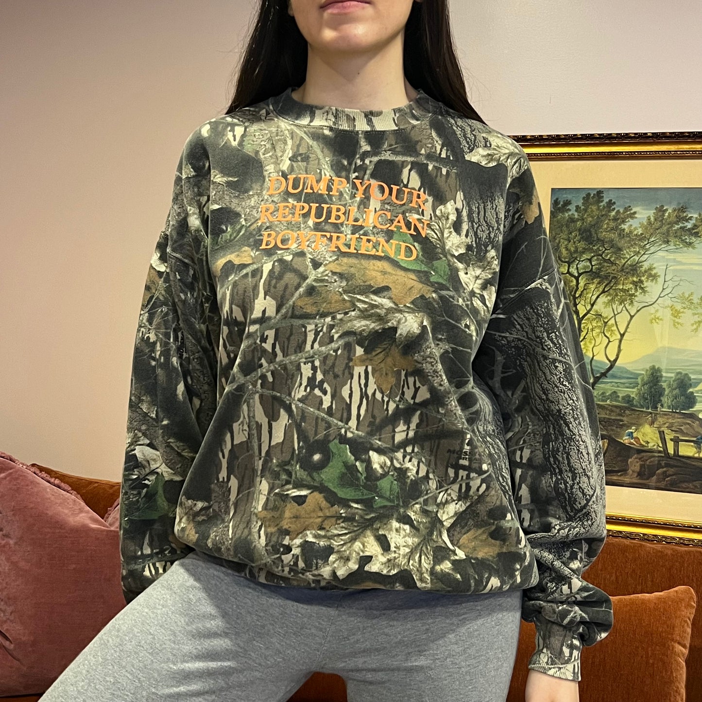 DUMP YOUR REPUBLICAN BOYFRIEND camo crewneck with orange text (XL)