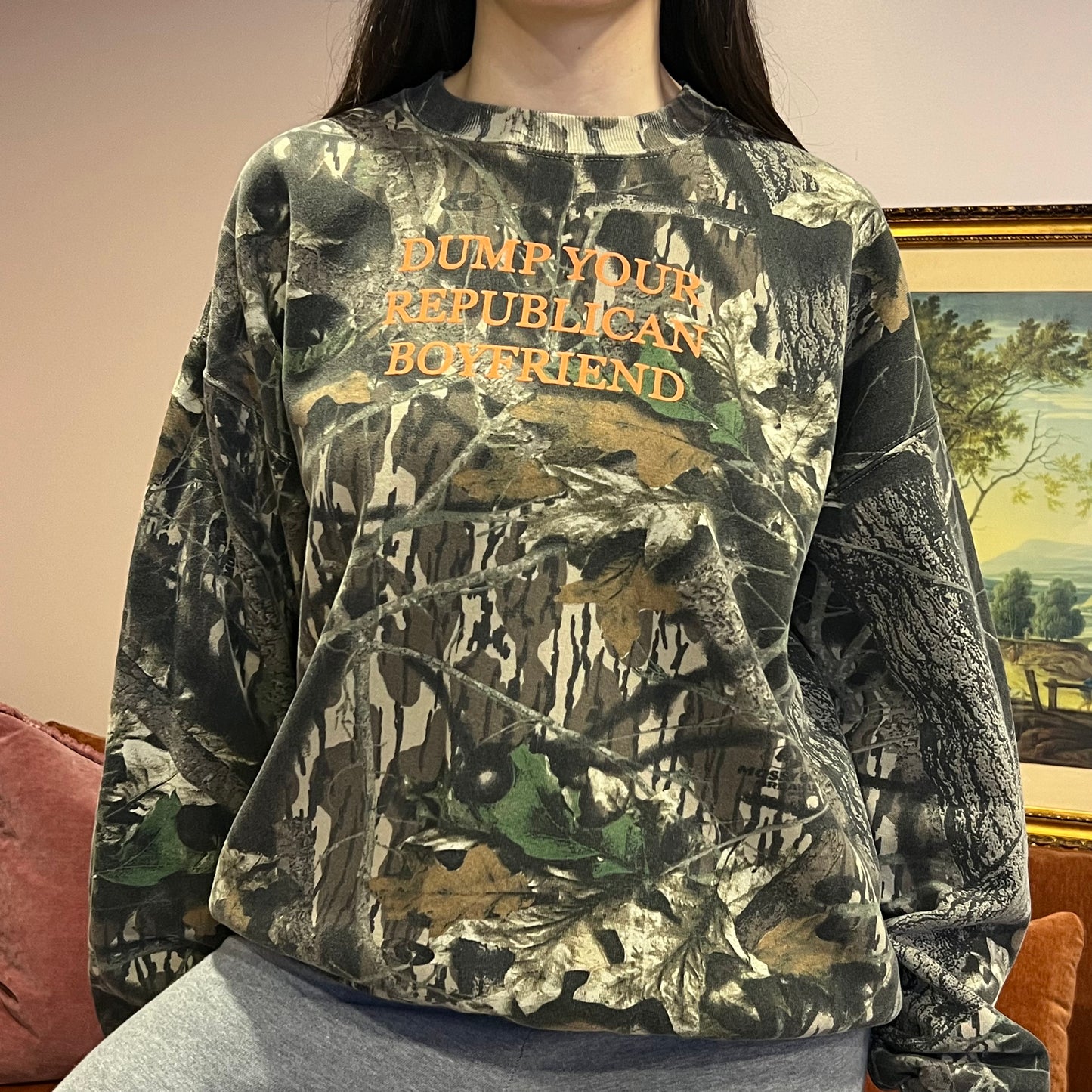 DUMP YOUR REPUBLICAN BOYFRIEND camo crewneck with orange text (XL)