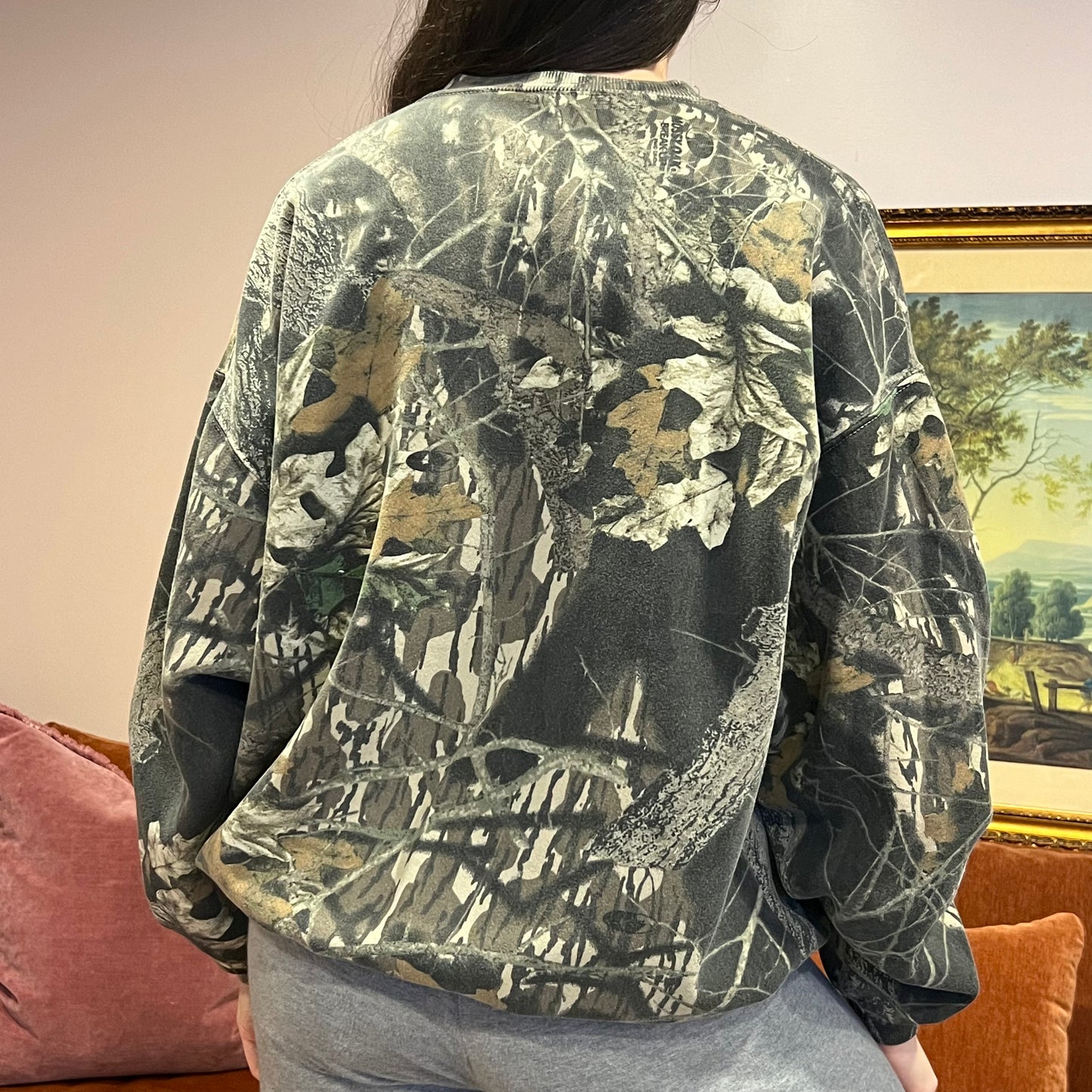 DUMP YOUR REPUBLICAN BOYFRIEND camo crewneck with orange text (XL)