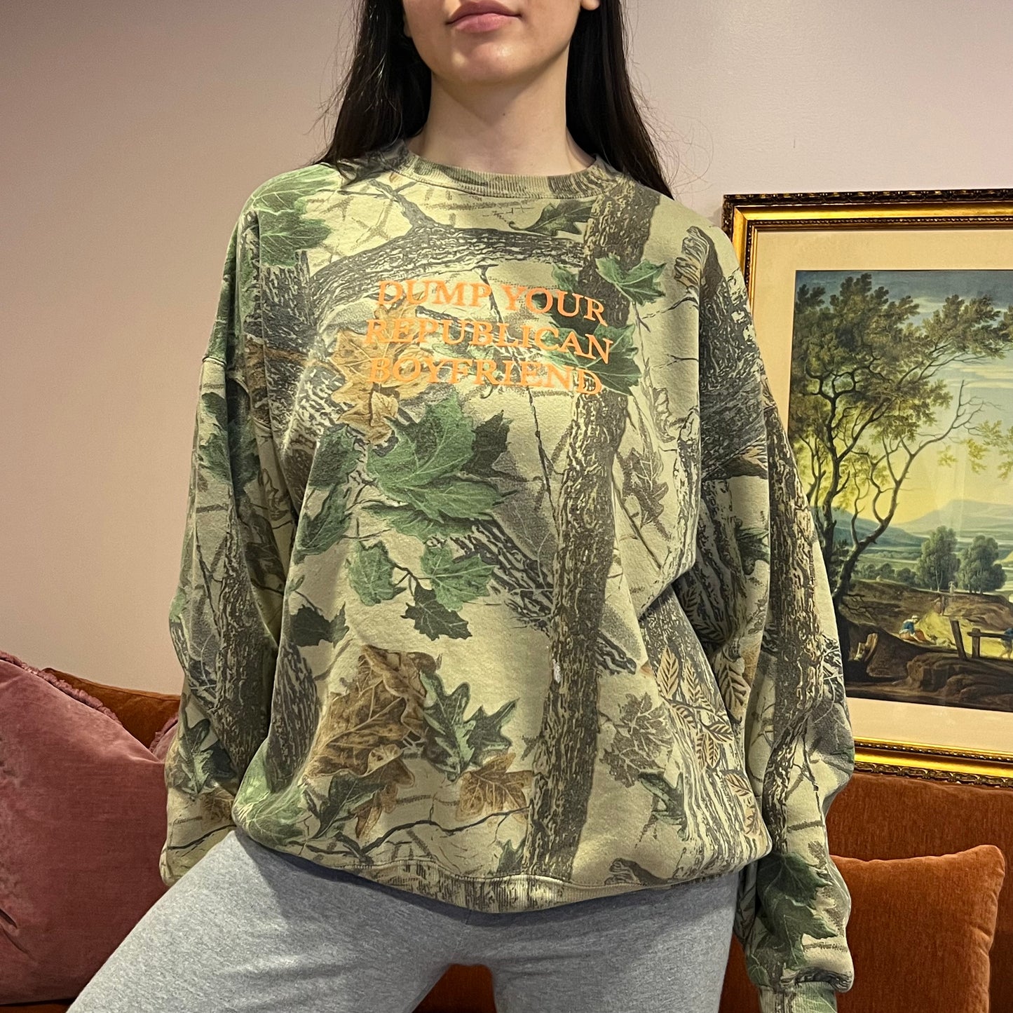 DUMP YOUR REPUBLICAN BOYFRIEND camo crewneck with orange text (2XL)