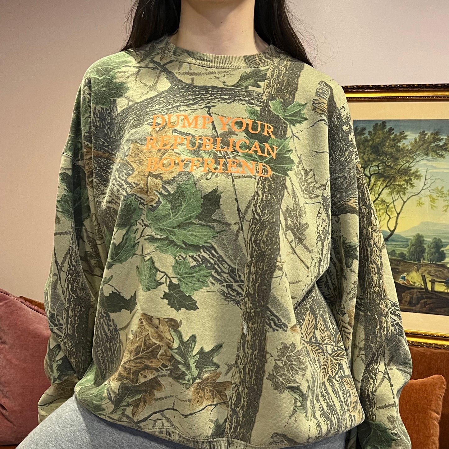 DUMP YOUR REPUBLICAN BOYFRIEND camo crewneck with orange text (2XL)