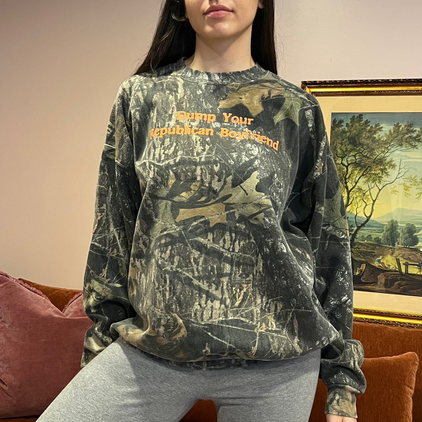 DUMP YOUR REPUBLICAN BOYFRIEND camo crewneck with orange text (2XL)