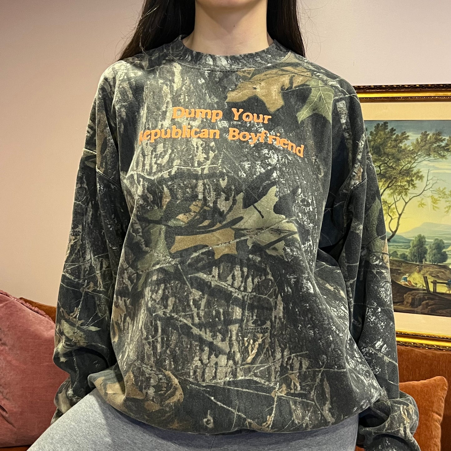 DUMP YOUR REPUBLICAN BOYFRIEND camo crewneck with orange text (2XL)