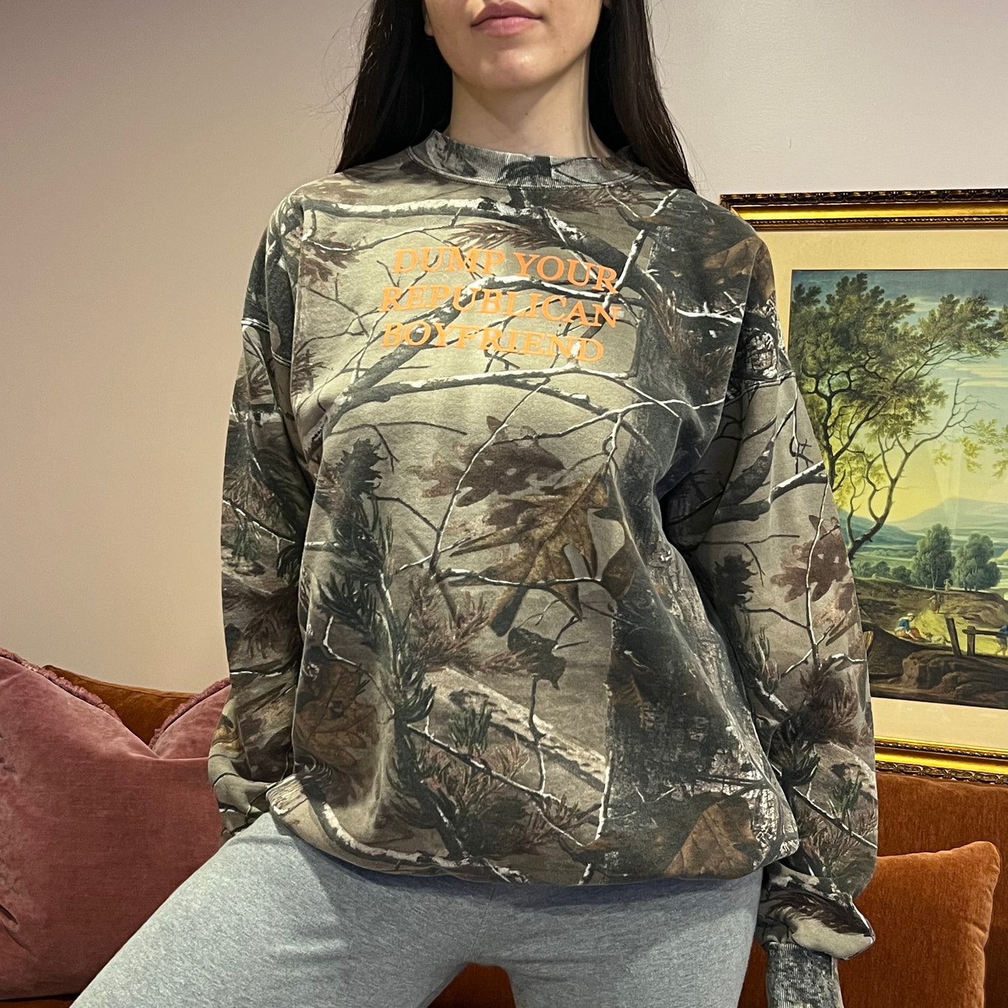 DUMP YOUR REPUBLICAN BOYFRIEND camo crewneck with orange text (XL)