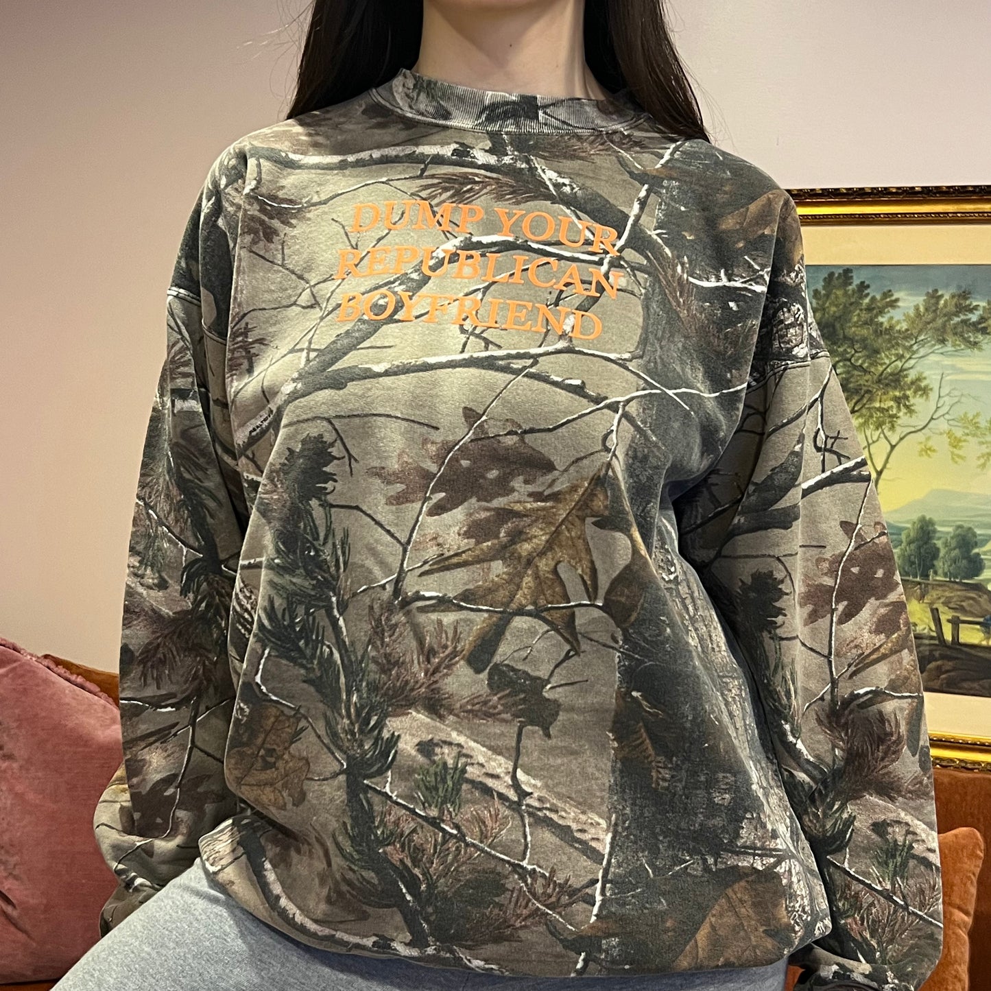 DUMP YOUR REPUBLICAN BOYFRIEND camo crewneck with orange text (XL)