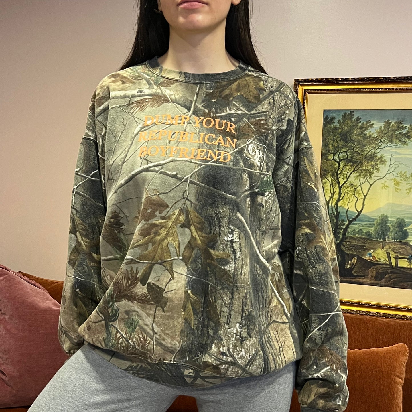 DUMP YOUR REPUBLICAN BOYFRIEND camo crewneck with orange text (2XL)