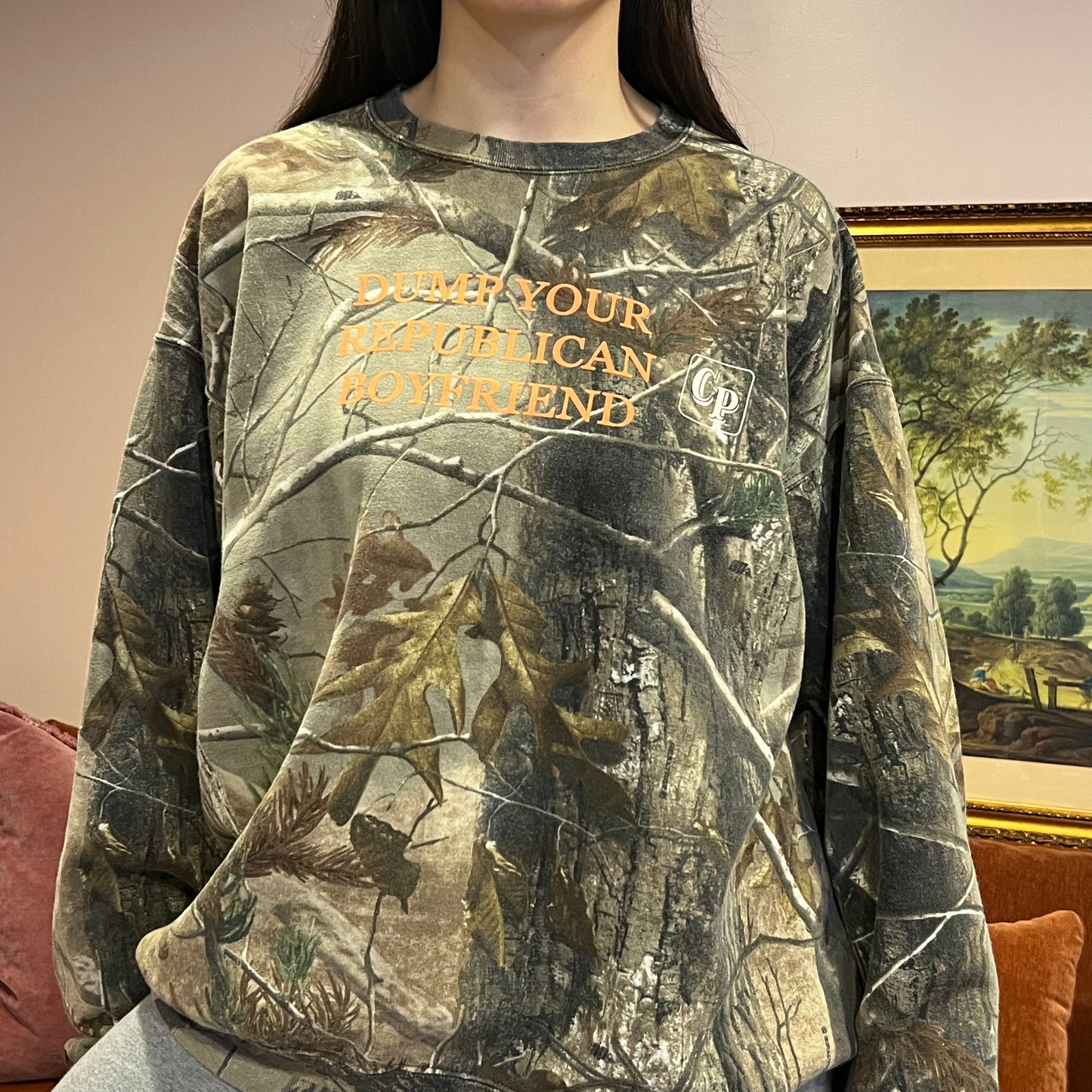 DUMP YOUR REPUBLICAN BOYFRIEND camo crewneck with orange text (2XL)