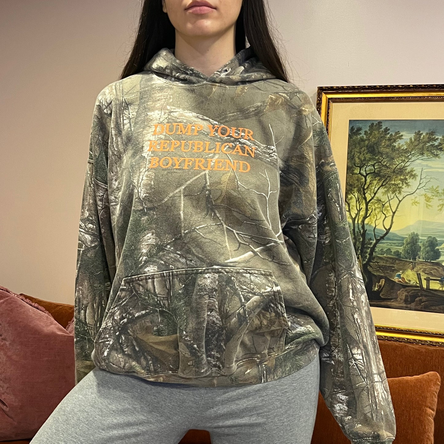 DUMP YOUR REPUBLICAN BOYFRIEND camo hoodie with orange text (XL)
