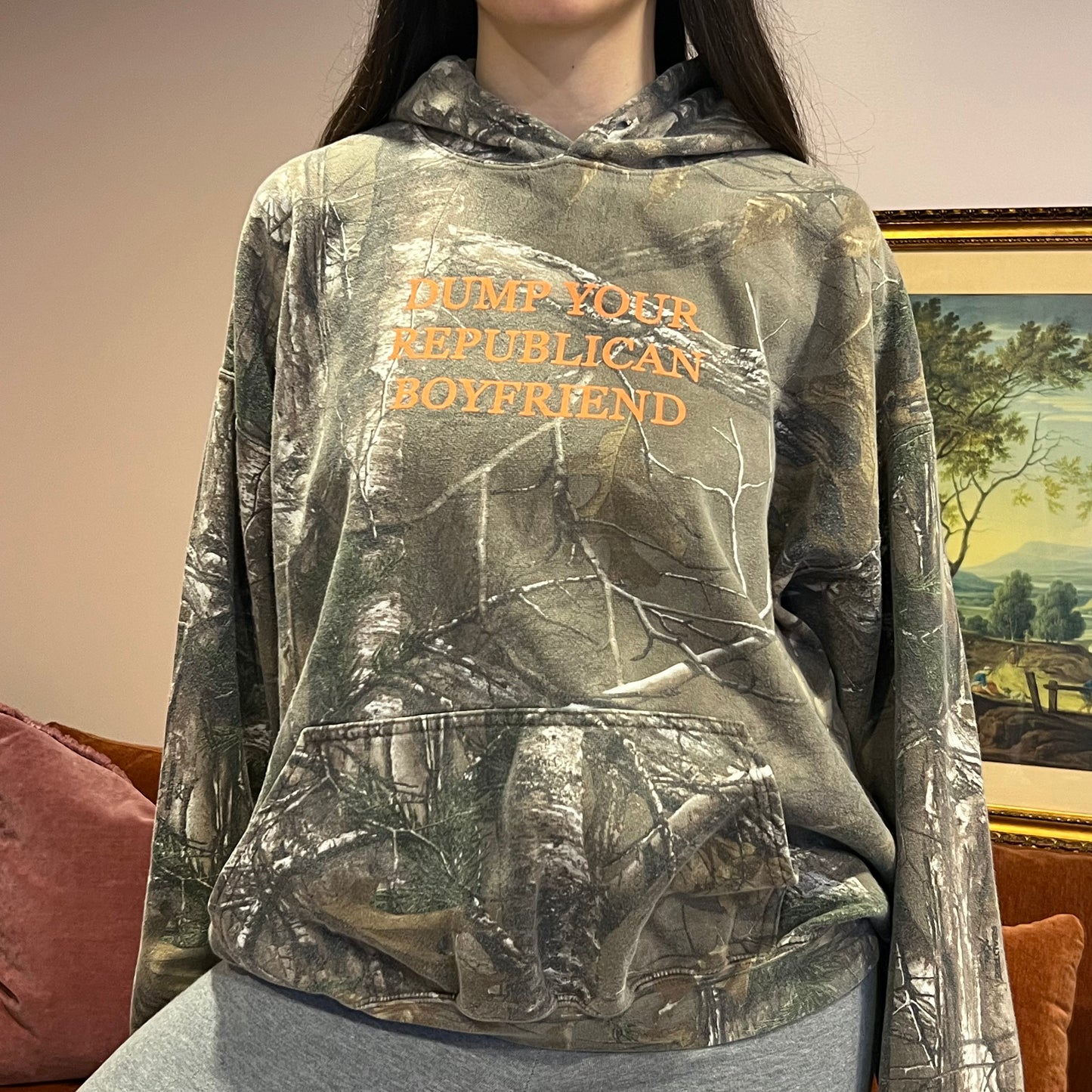 DUMP YOUR REPUBLICAN BOYFRIEND camo hoodie with orange text (XL)