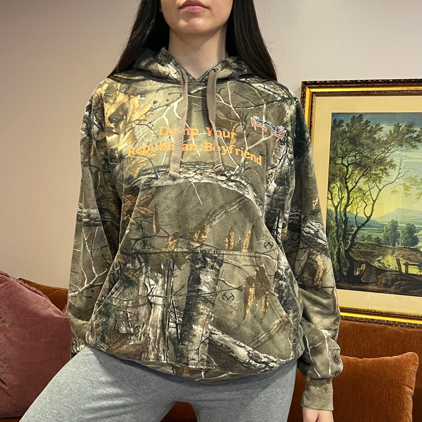 DUMP YOUR REPUBLICAN BOYFRIEND camo hoodie with orange text (XL)