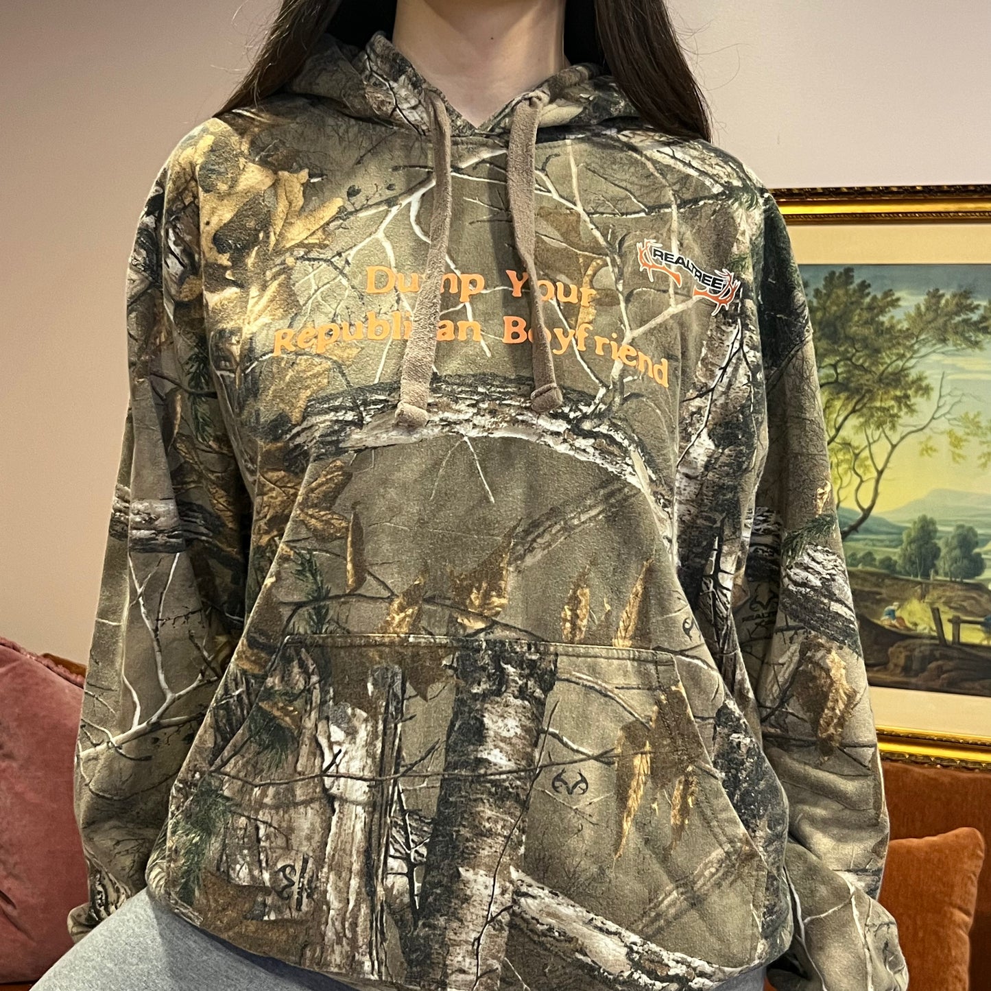 DUMP YOUR REPUBLICAN BOYFRIEND camo hoodie with orange text (XL)