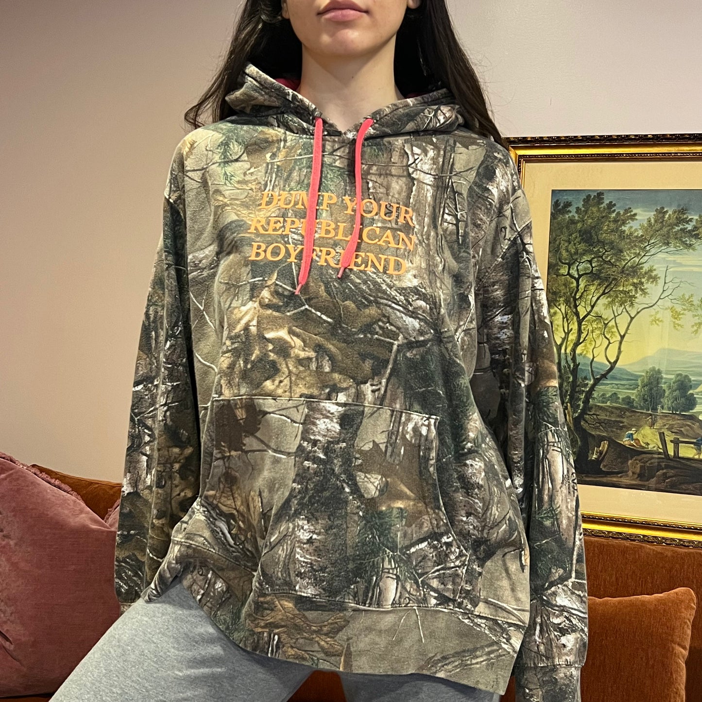 DUMP YOUR REPUBLICAN BOYFRIEND camo hoodie with orange text (2XL)