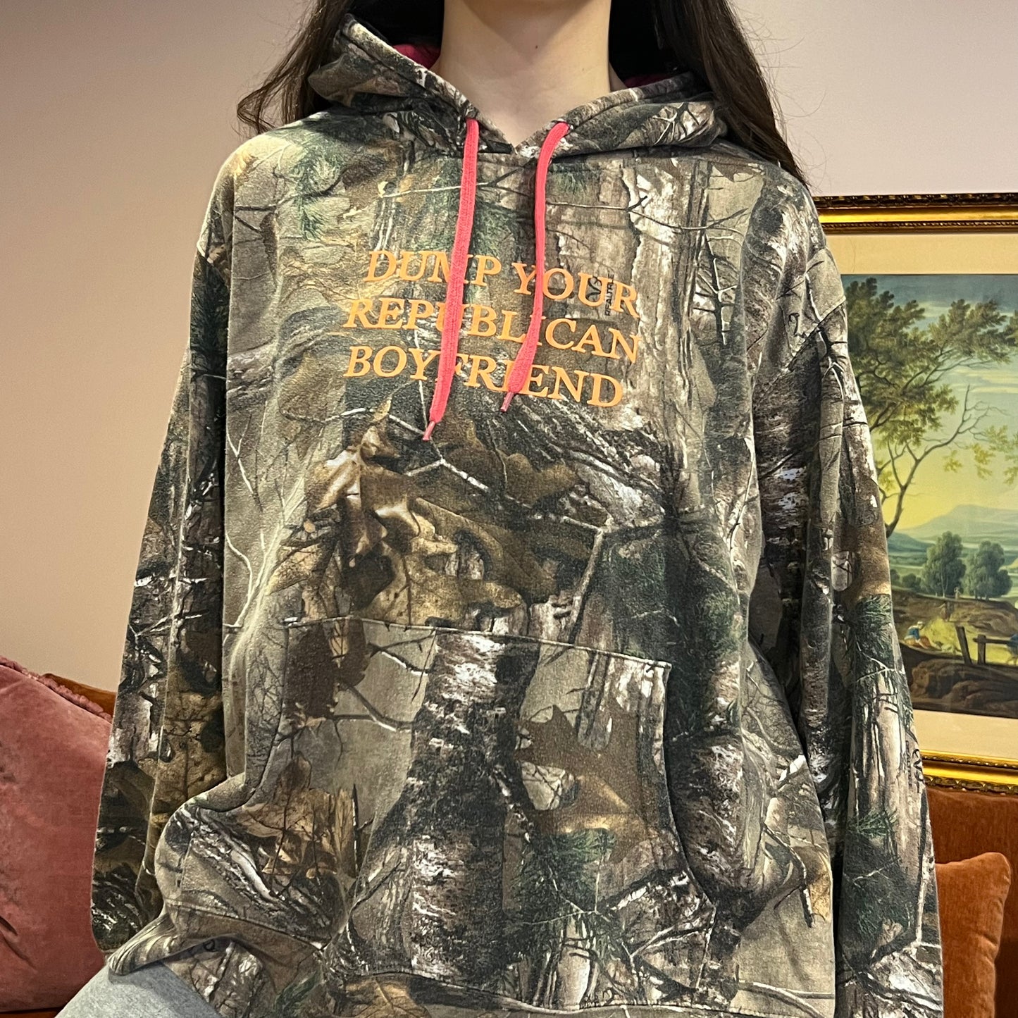 DUMP YOUR REPUBLICAN BOYFRIEND camo hoodie with orange text (2XL)