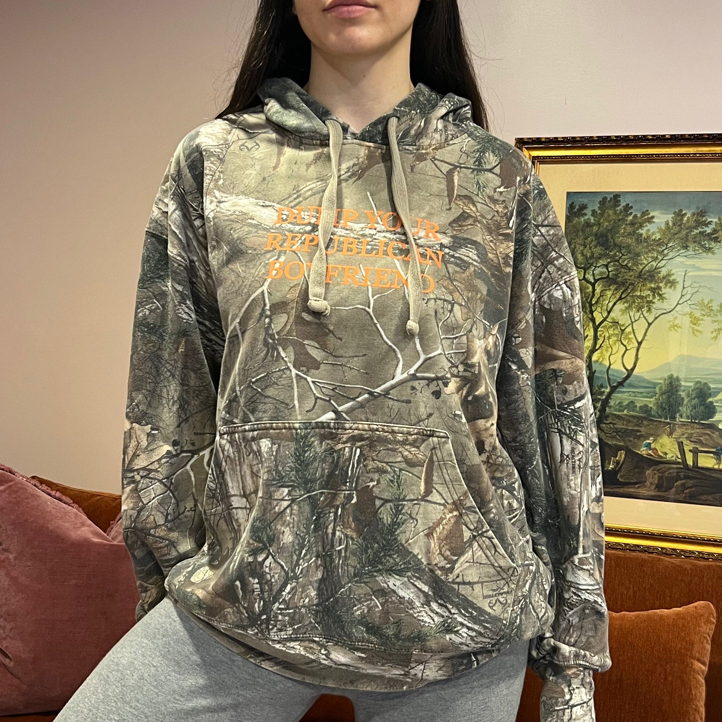 DUMP YOUR REPUBLICAN BOYFRIEND camo hoodie with orange text (2XL)