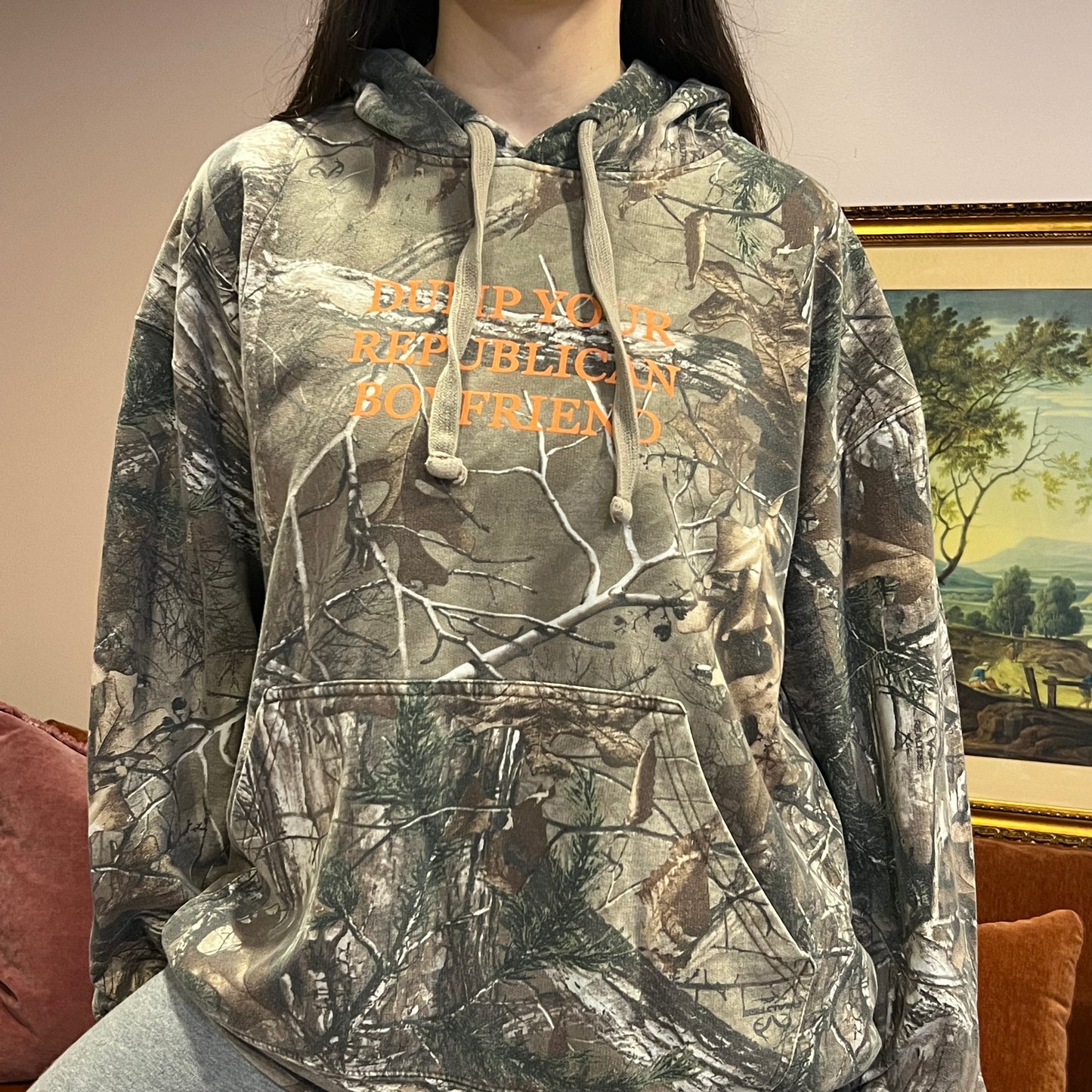 DUMP YOUR REPUBLICAN BOYFRIEND camo hoodie with orange text (2XL)