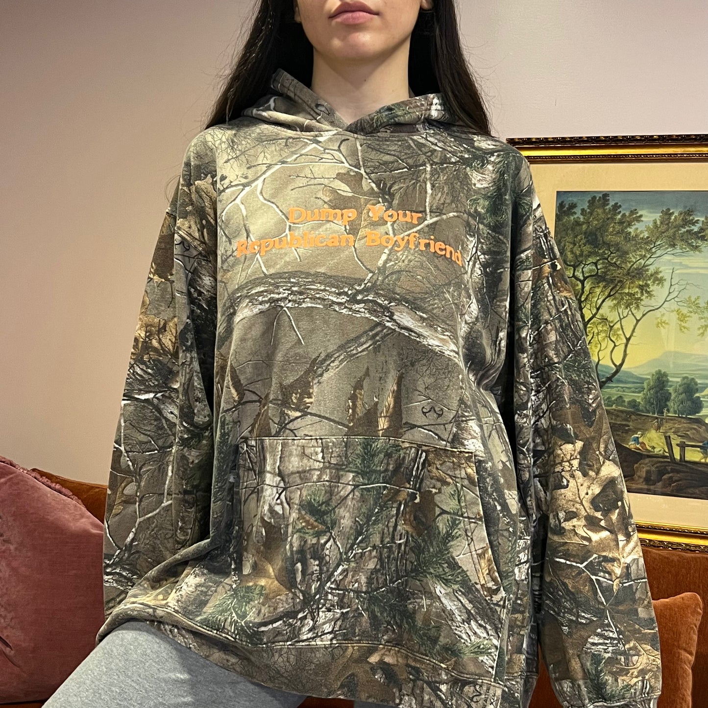 DUMP YOUR REPUBLICAN BOYFRIEND camo hoodie with orange text (2XL)